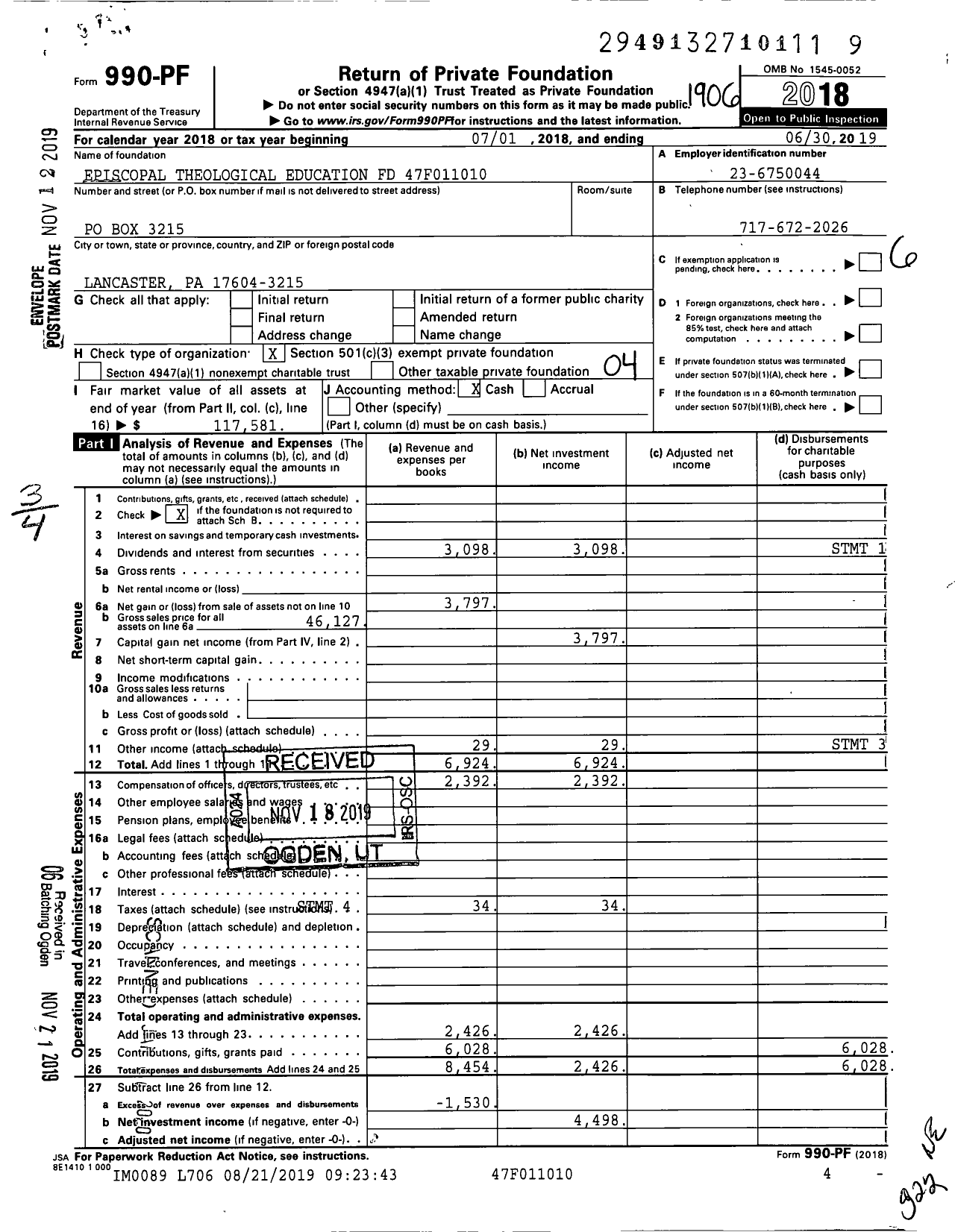 Image of first page of 2018 Form 990PF for Episcopal Theological Education FD 47f011010