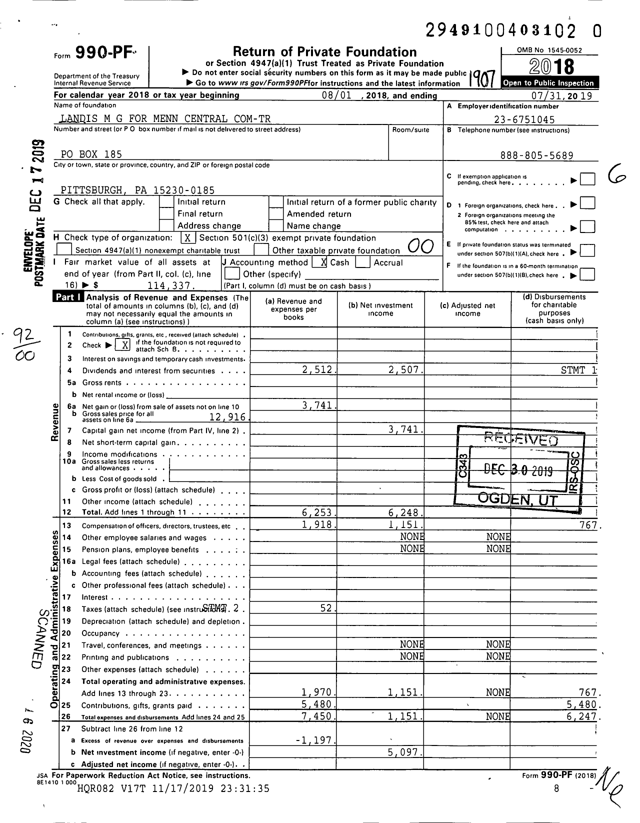 Image of first page of 2018 Form 990PR for Landis M G for Menn Central Com-Tr