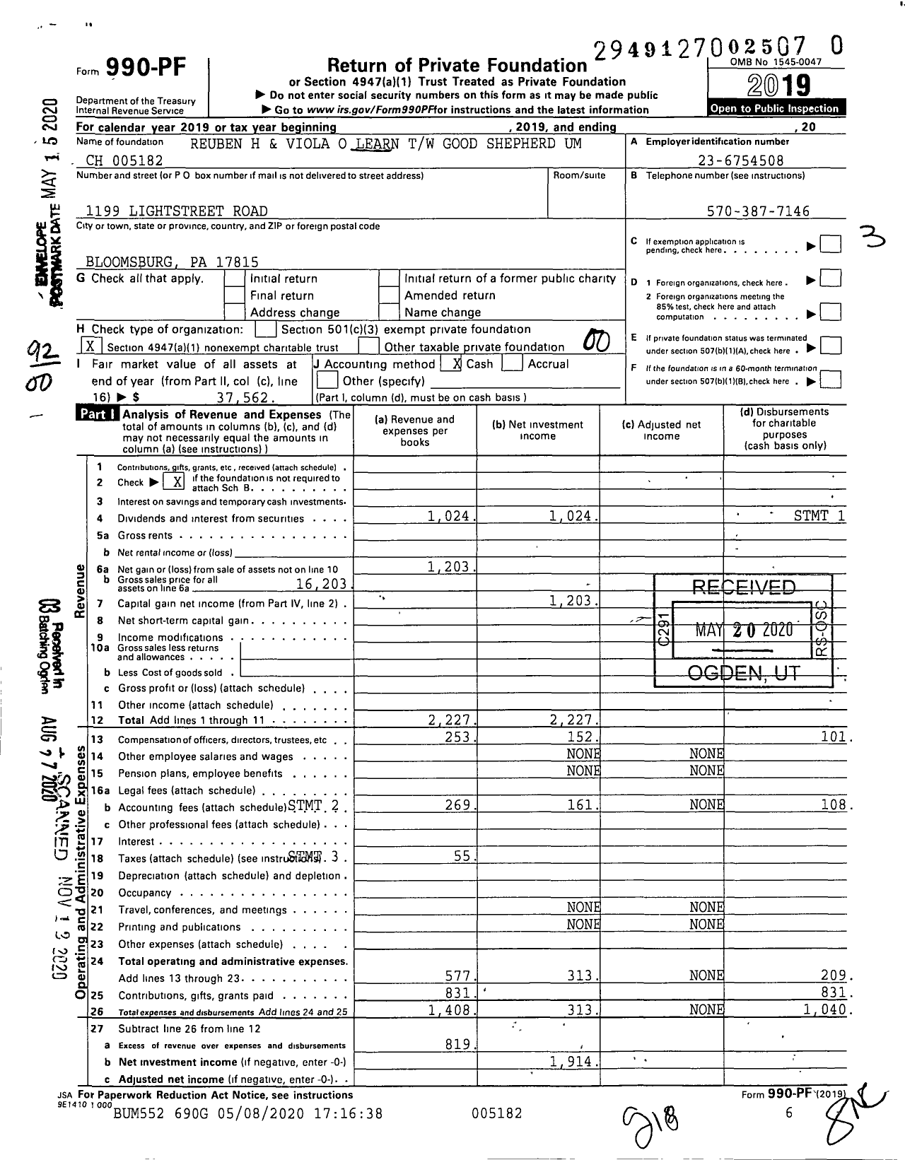 Image of first page of 2019 Form 990PF for Reuben H and Viola O Learn TW Good Shepherd Um