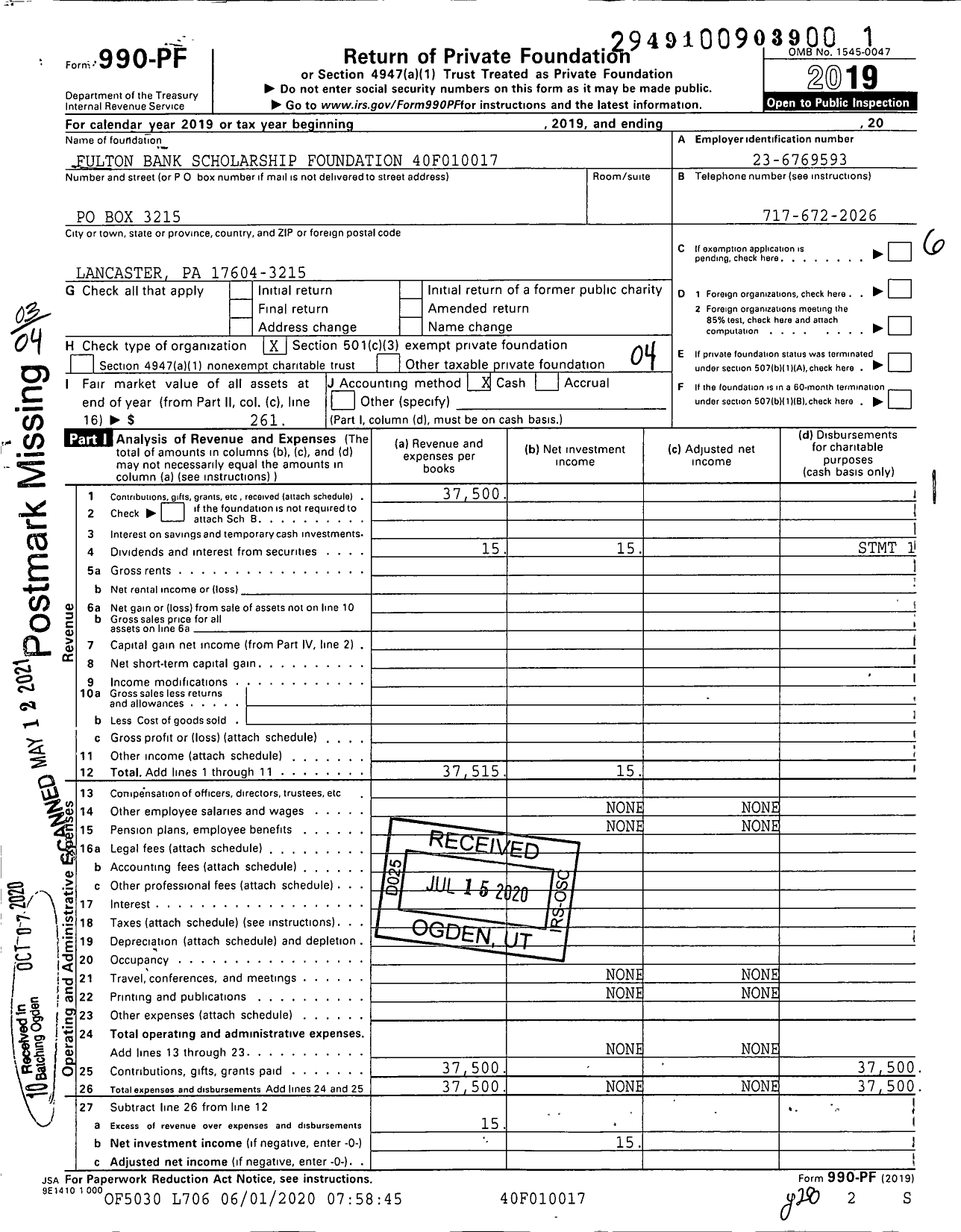 Image of first page of 2019 Form 990PF for Fulton Bank Scholarship Foundation 40f010017