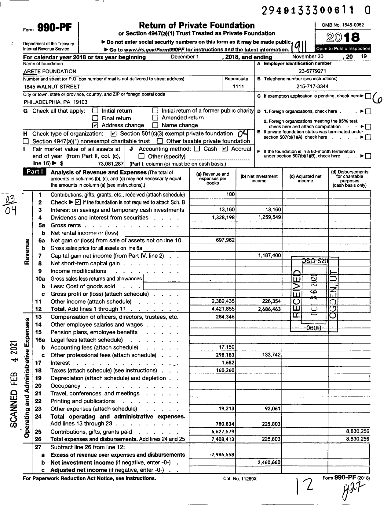 Image of first page of 2018 Form 990PF for Arete Foundation