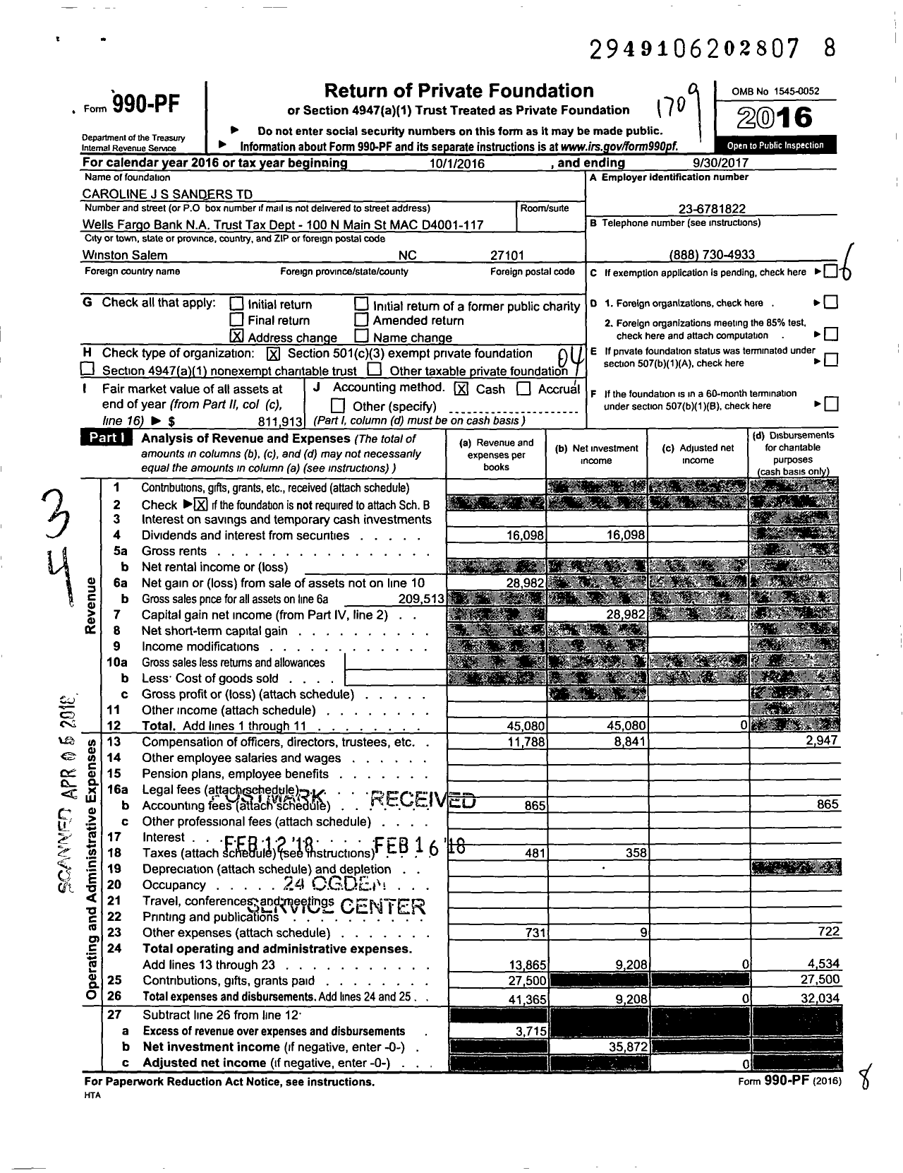 Image of first page of 2016 Form 990PF for Caroline J S Sanders TD