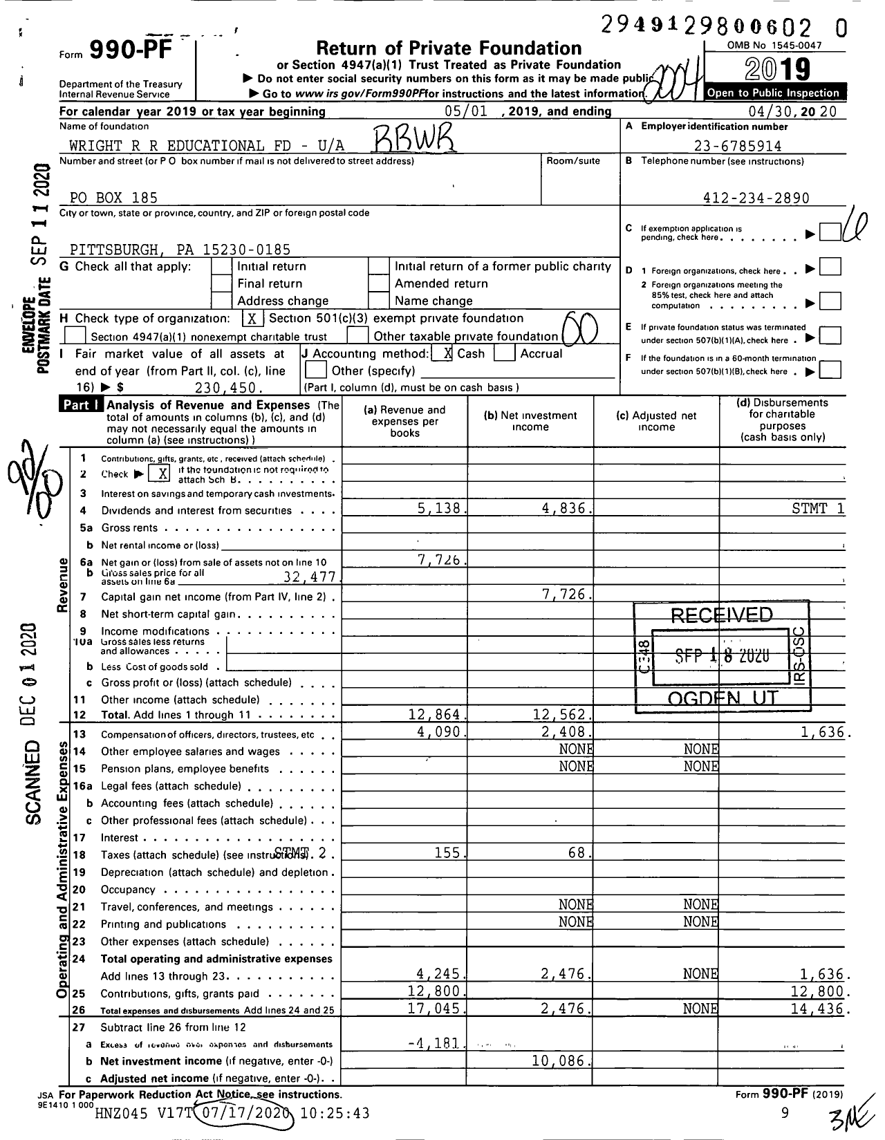 Image of first page of 2019 Form 990PF for Wright R R Educational Fund