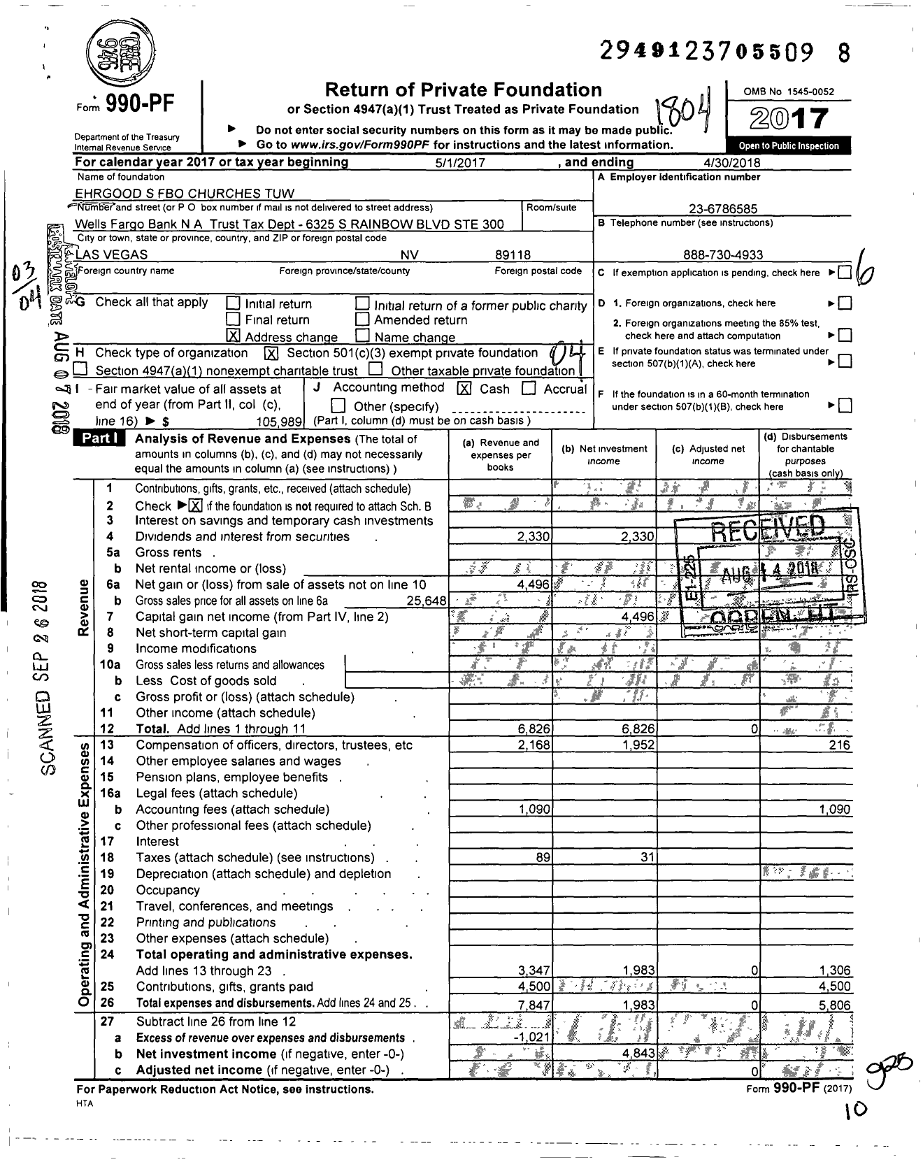 Image of first page of 2017 Form 990PF for Ehrgood S Fbo Churches Tuw