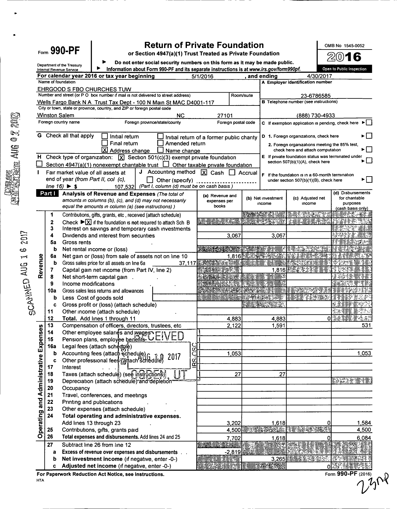 Image of first page of 2016 Form 990PF for Ehrgood S Fbo Churches Tuw