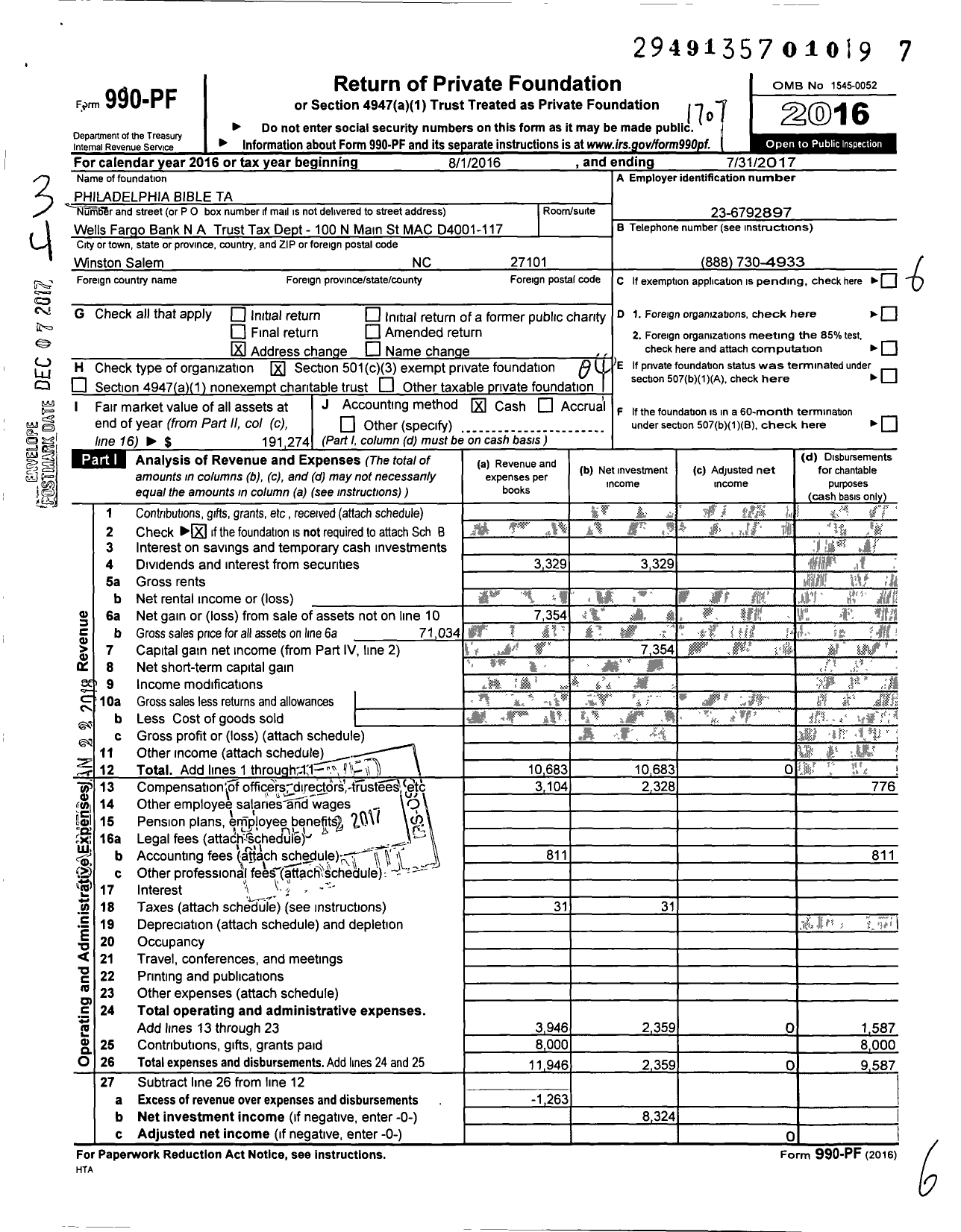 Image of first page of 2016 Form 990PF for Philadelphia Bible Ta