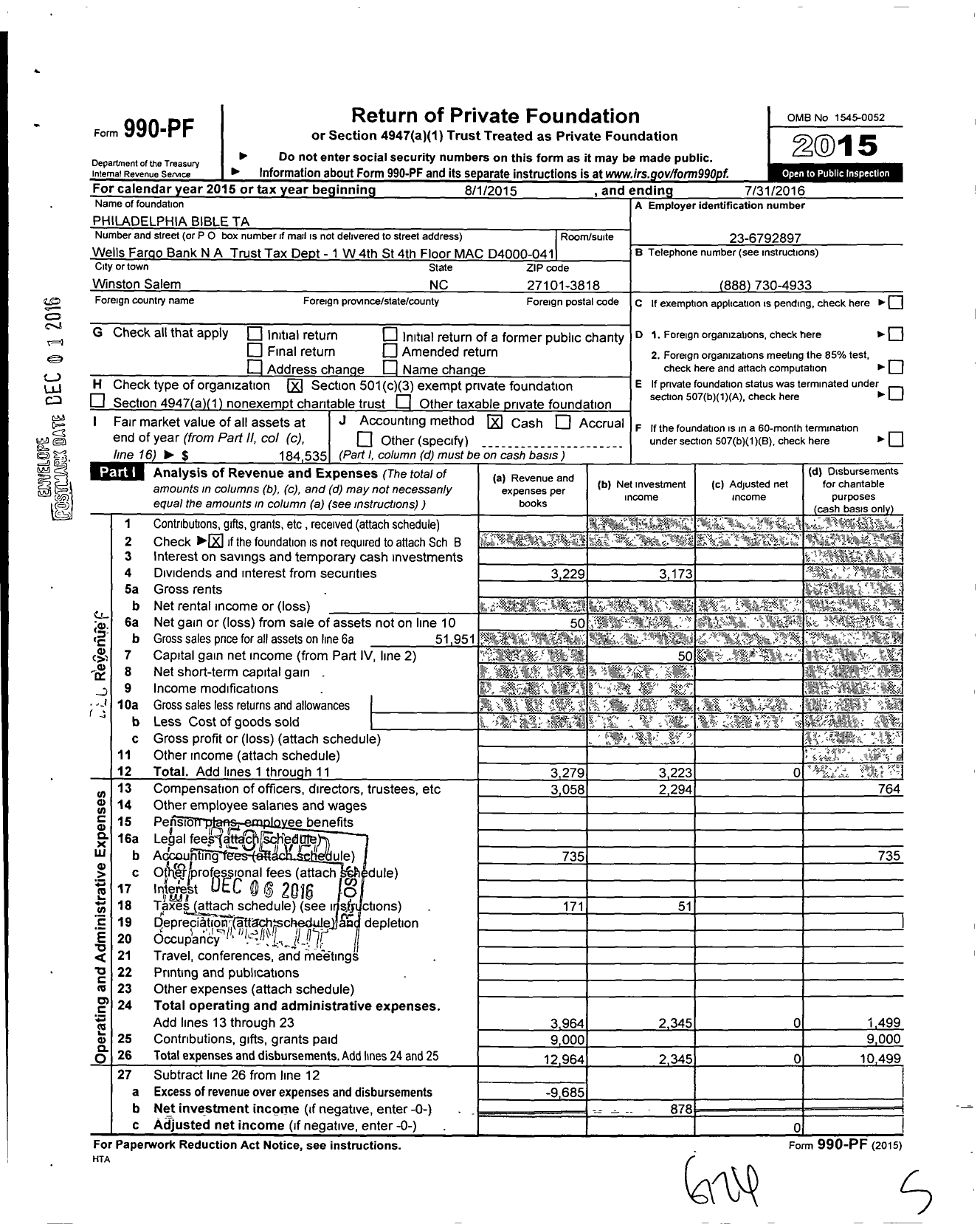 Image of first page of 2015 Form 990PF for Philadelphia Bible Ta