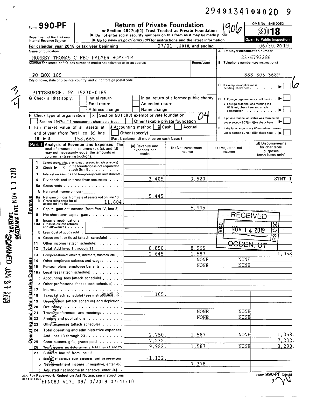 Image of first page of 2018 Form 990PF for Horsey Thomas C Fbo Palmer Home-Tr