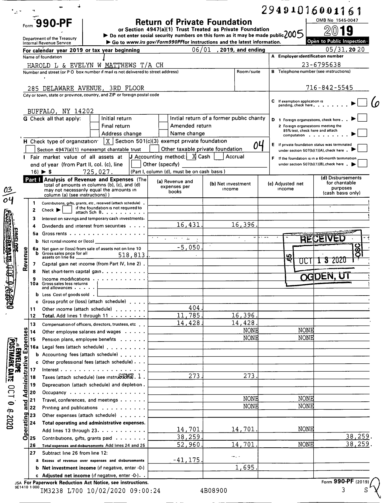 Image of first page of 2019 Form 990PF for Harold L and Evelyn W Matthews Trust U-A