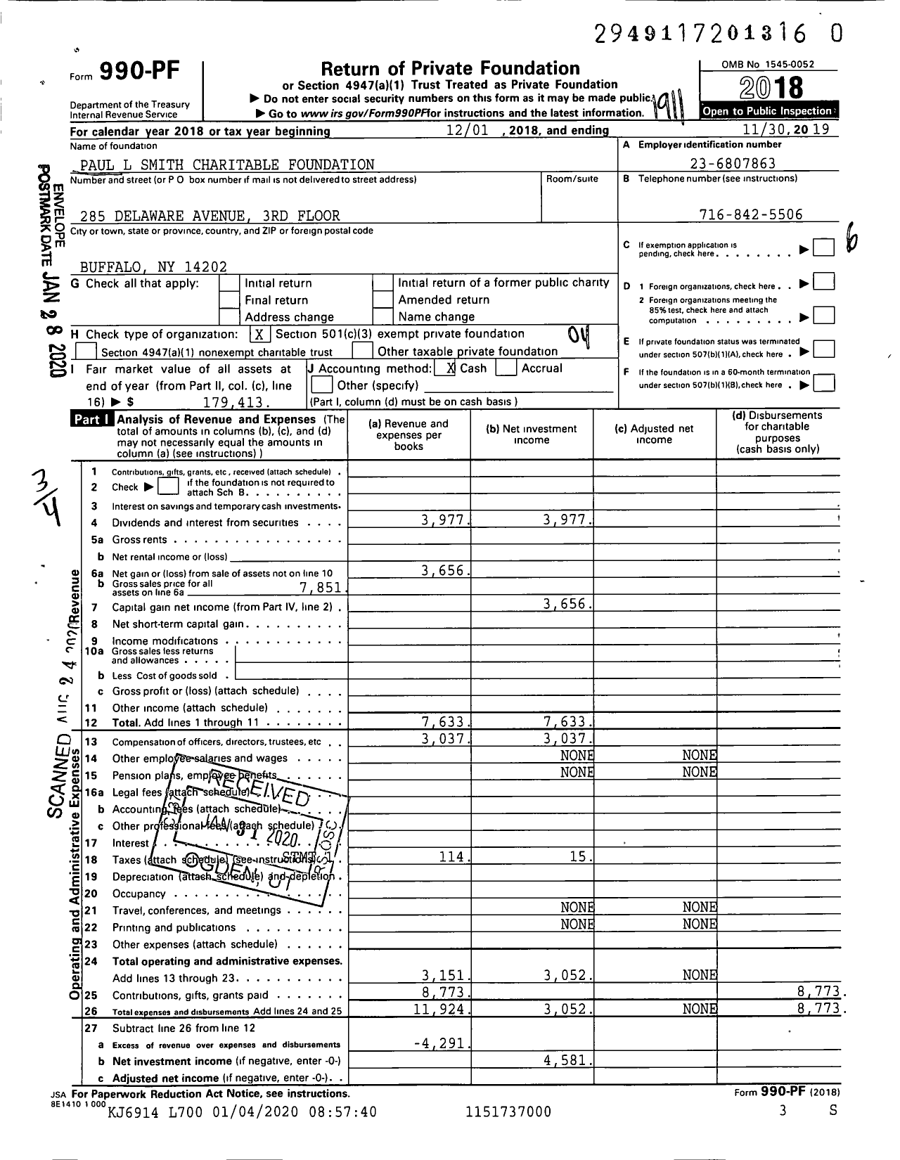 Image of first page of 2018 Form 990PR for Paul L Smith Charitable Foundation