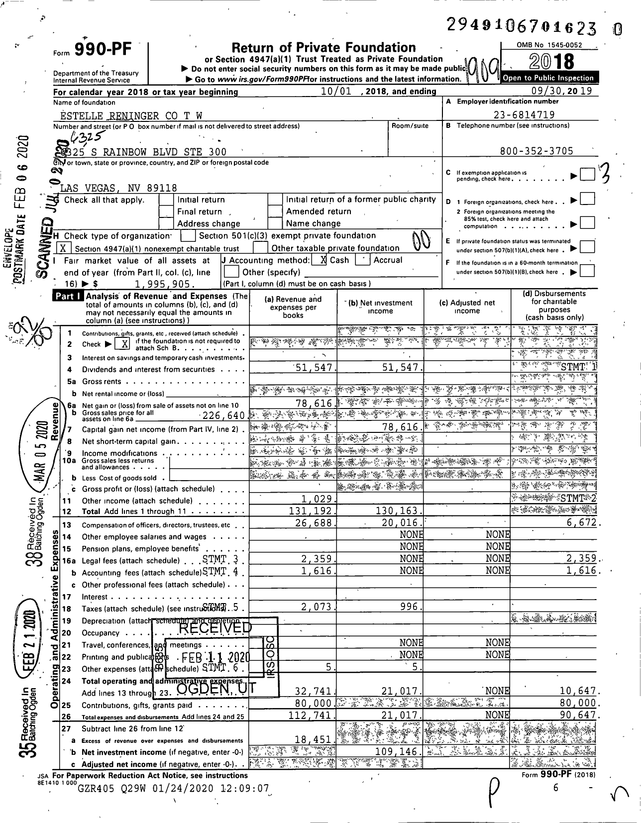 Image of first page of 2018 Form 990PR for Estelle Reninger T W