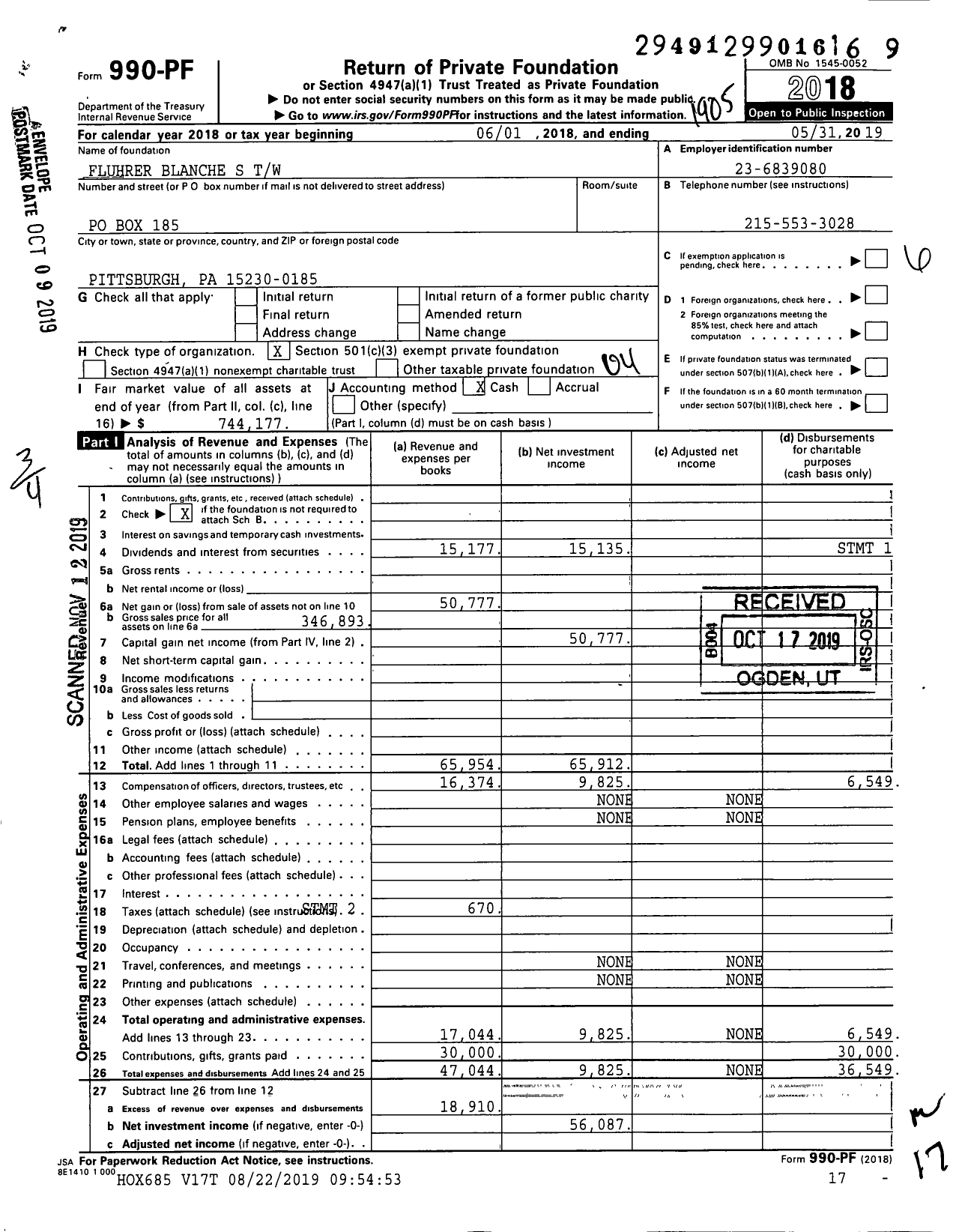 Image of first page of 2018 Form 990PF for Fluhrer Blanche S TW