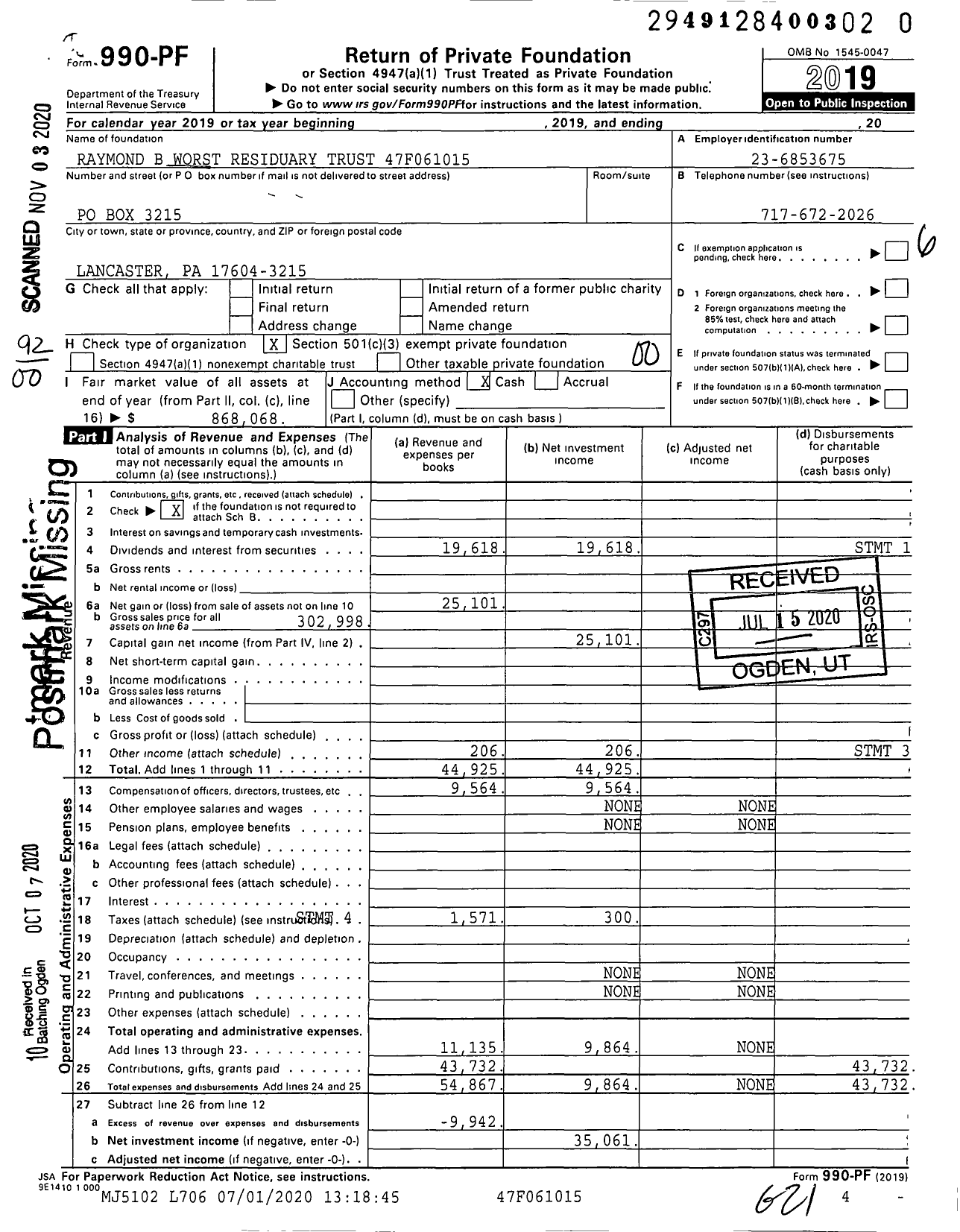 Image of first page of 2019 Form 990PF for Raymond B Worst Residuary Trust 47f061015