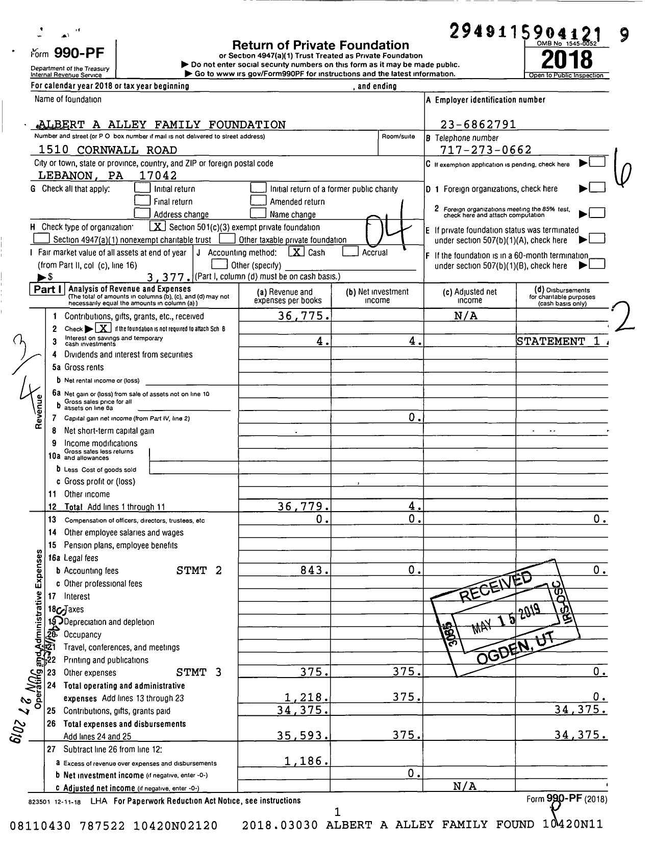 Image of first page of 2018 Form 990PF for Albert A Alley Family Foundation