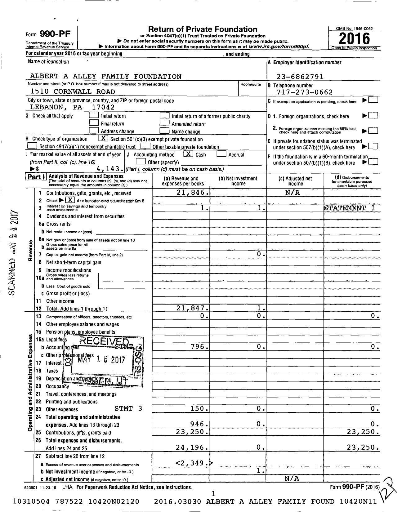 Image of first page of 2016 Form 990PF for Albert A Alley Family Foundation