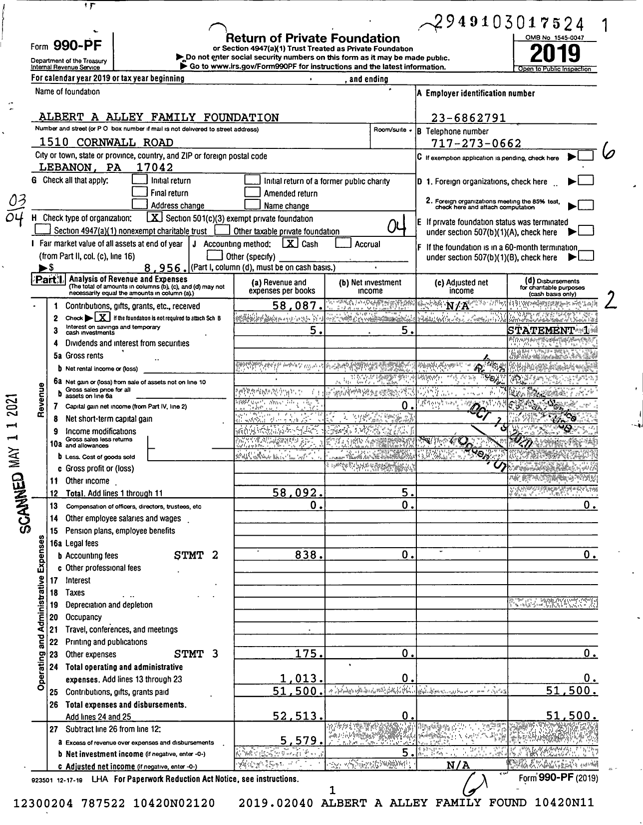 Image of first page of 2019 Form 990PF for Albert A Alley Family Foundation