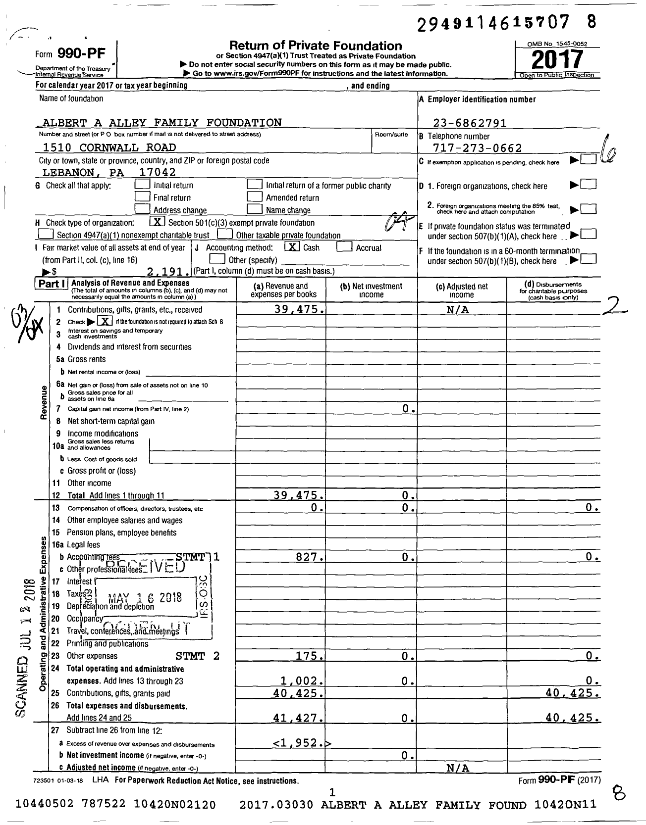 Image of first page of 2017 Form 990PF for Albert A Alley Family Foundation