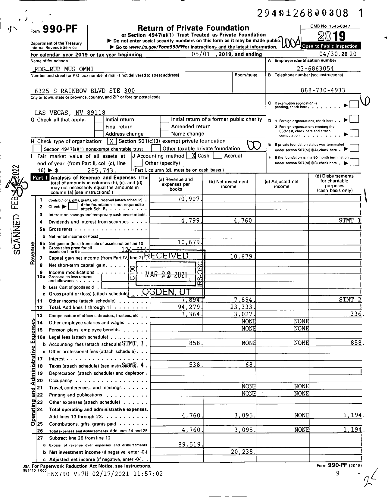 Image of first page of 2019 Form 990PF for RDG Pub Mus Omni