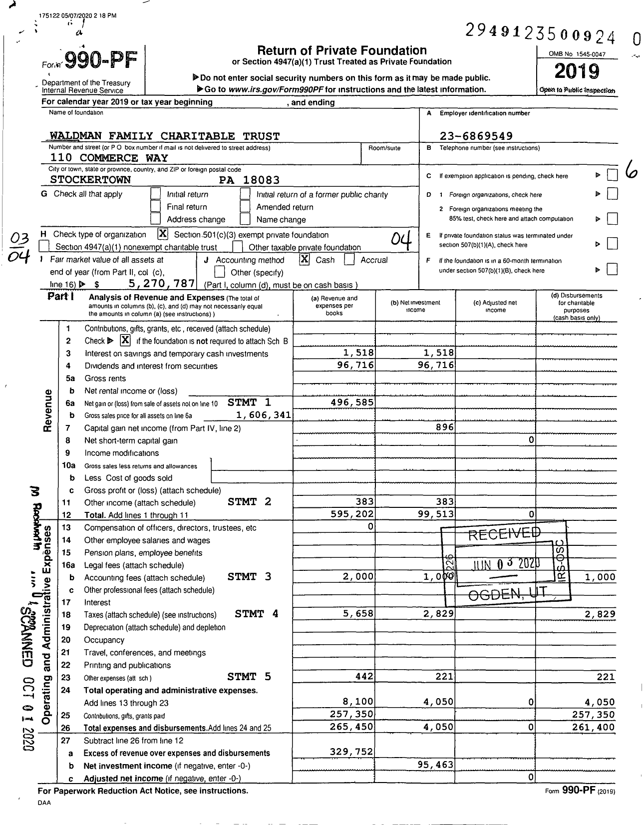 Image of first page of 2019 Form 990PR for Waldman Family Charitable Trust