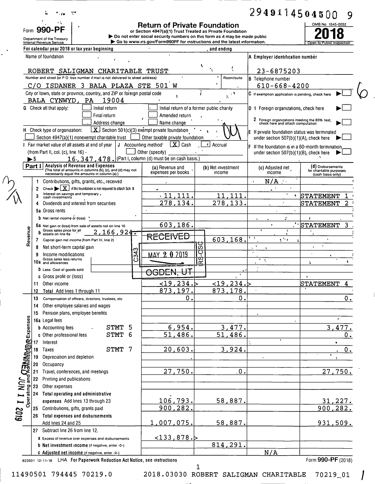 Image of first page of 2018 Form 990PF for Robert Saligman Charitable Trust