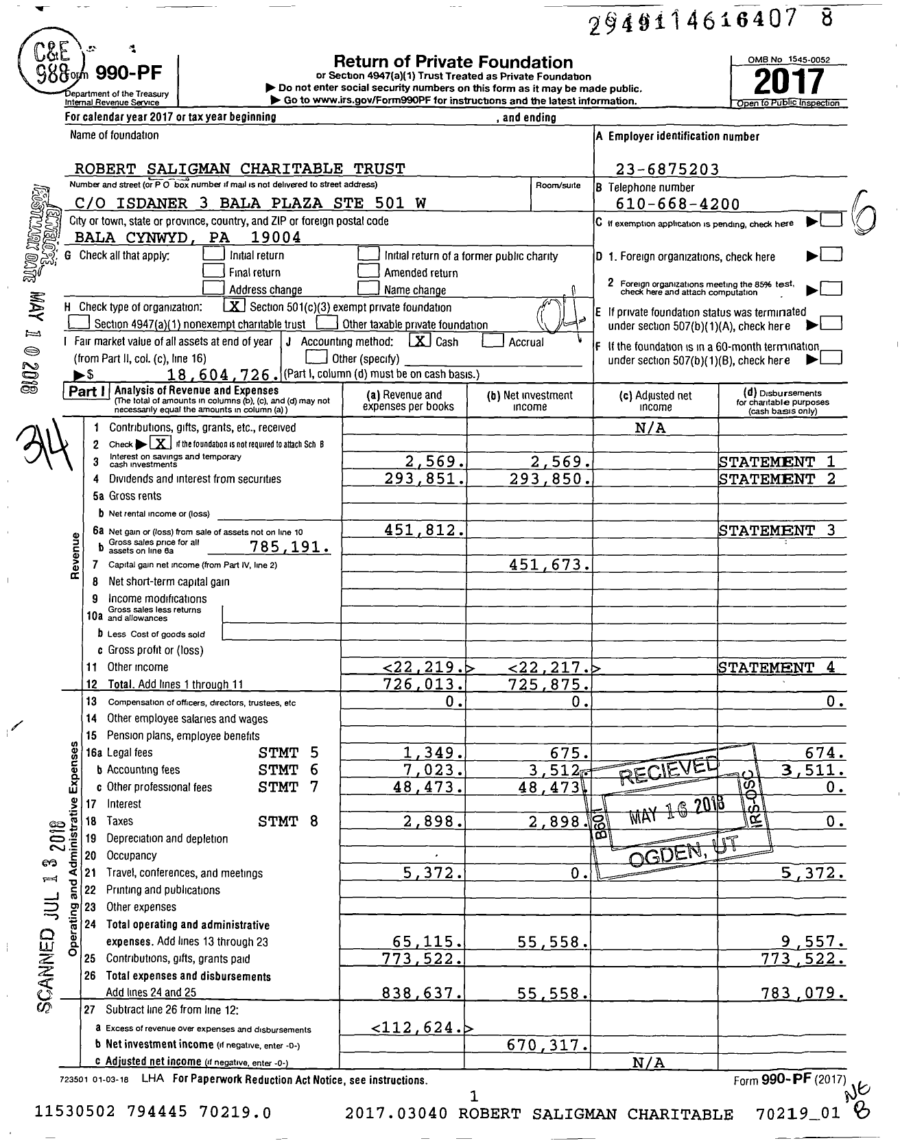 Image of first page of 2017 Form 990PF for Robert Saligman Charitable Trust