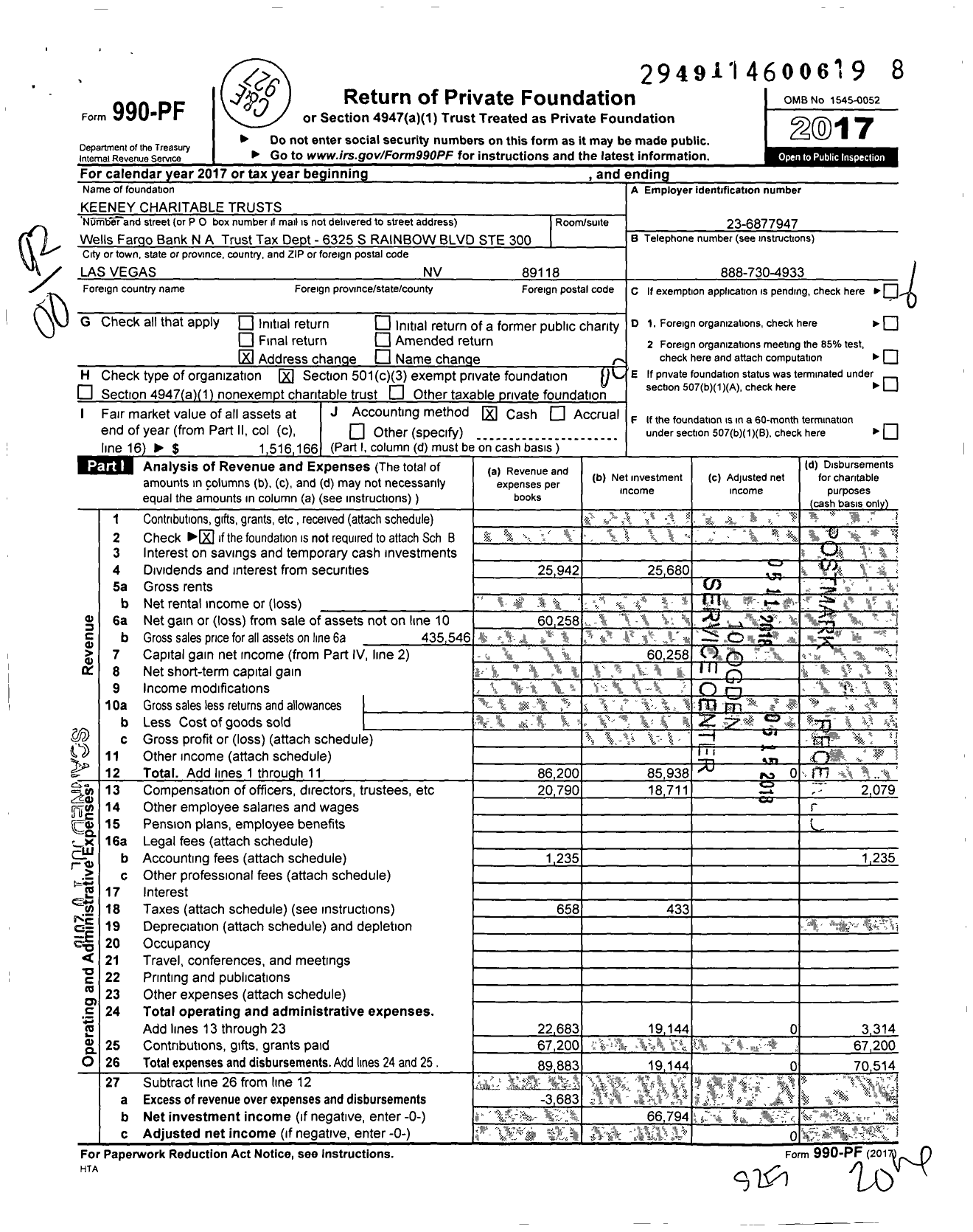 Image of first page of 2017 Form 990PF for Keeney Charitable Trusts