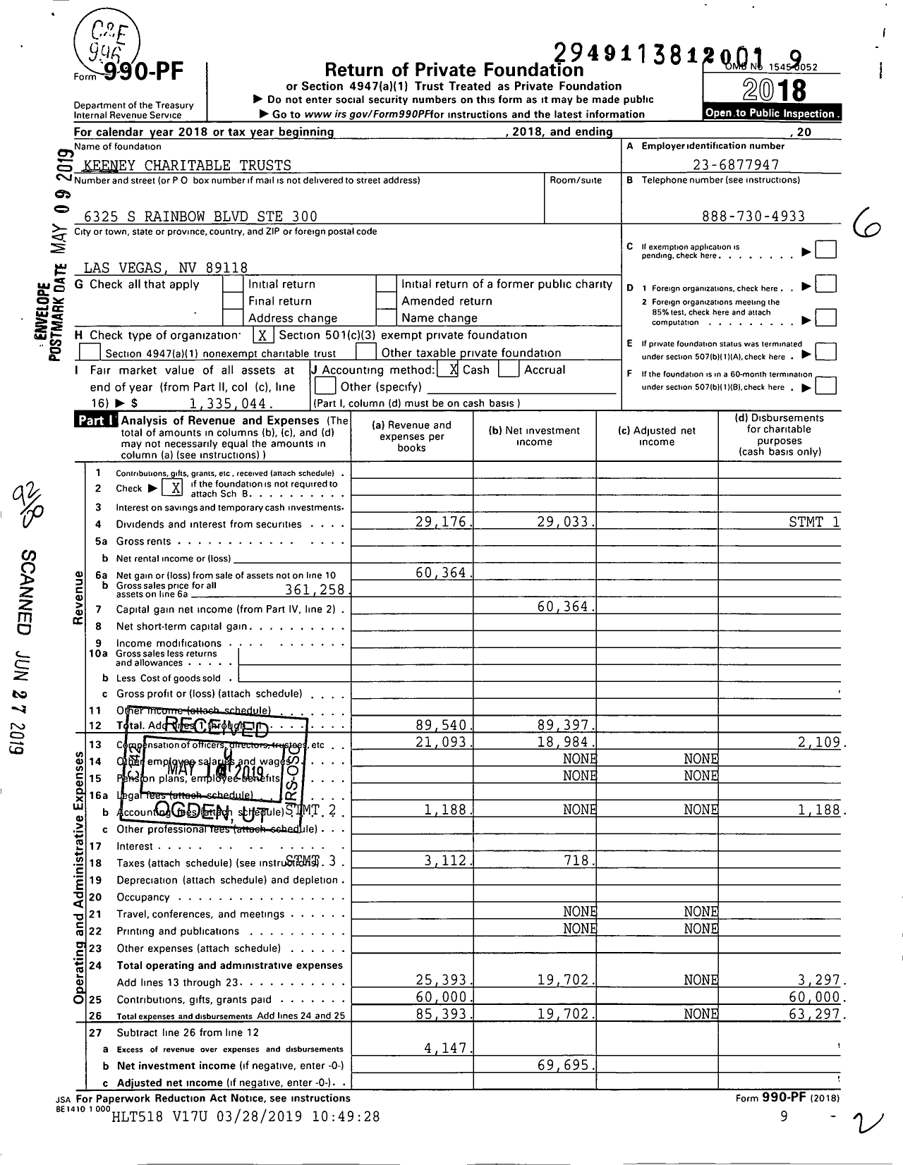 Image of first page of 2018 Form 990PF for Keeney Charitable Trusts