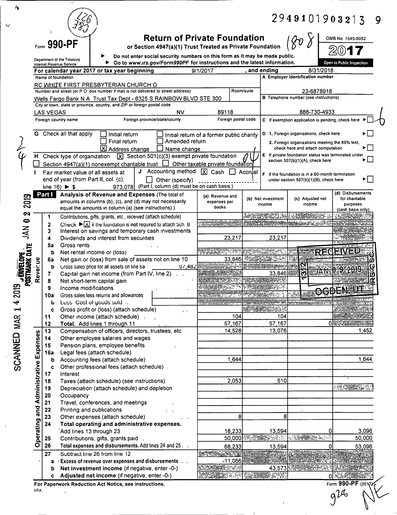 Image of first page of 2017 Form 990PF for RC White First Presbyterian Church O