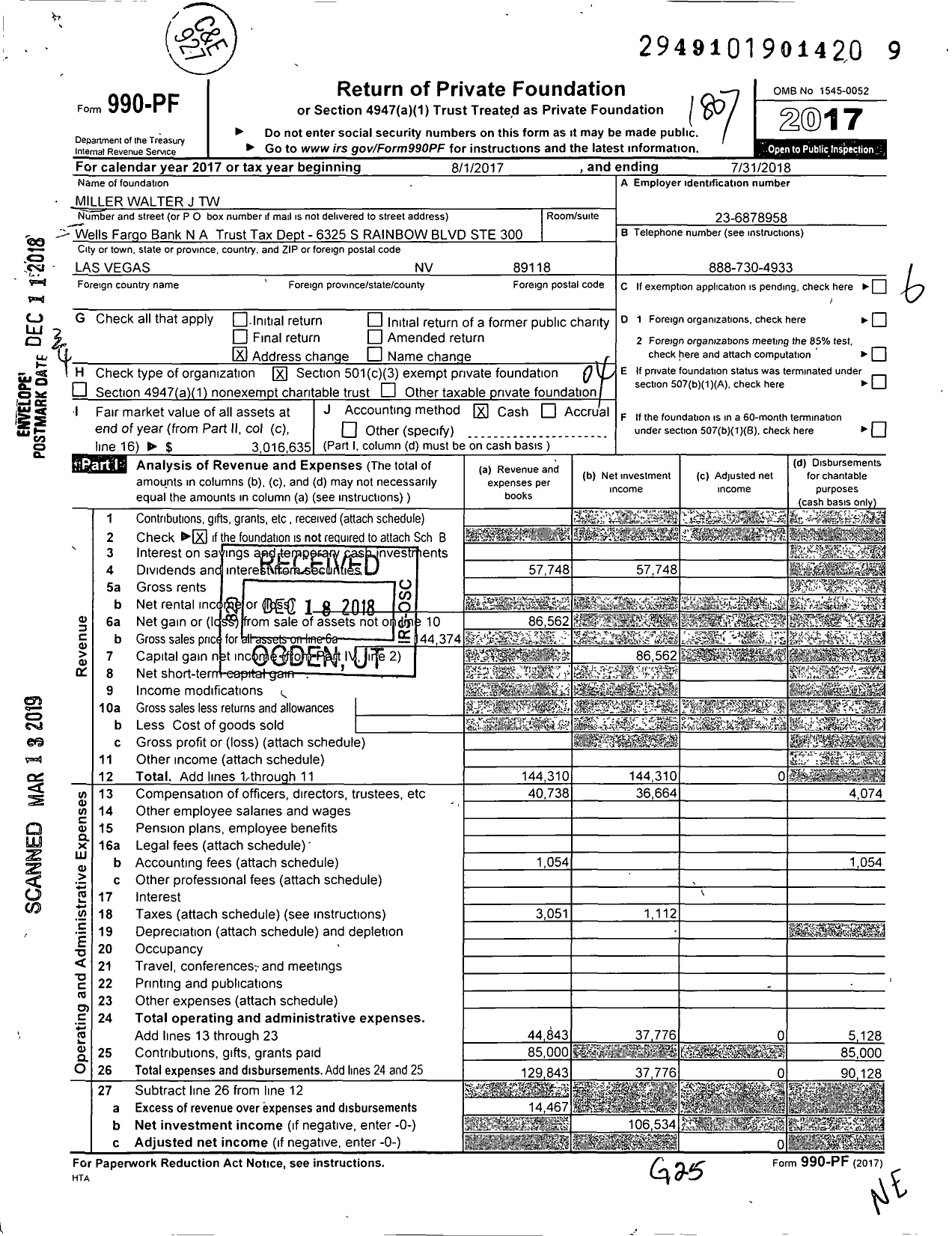 Image of first page of 2017 Form 990PF for Miller Walter J TW
