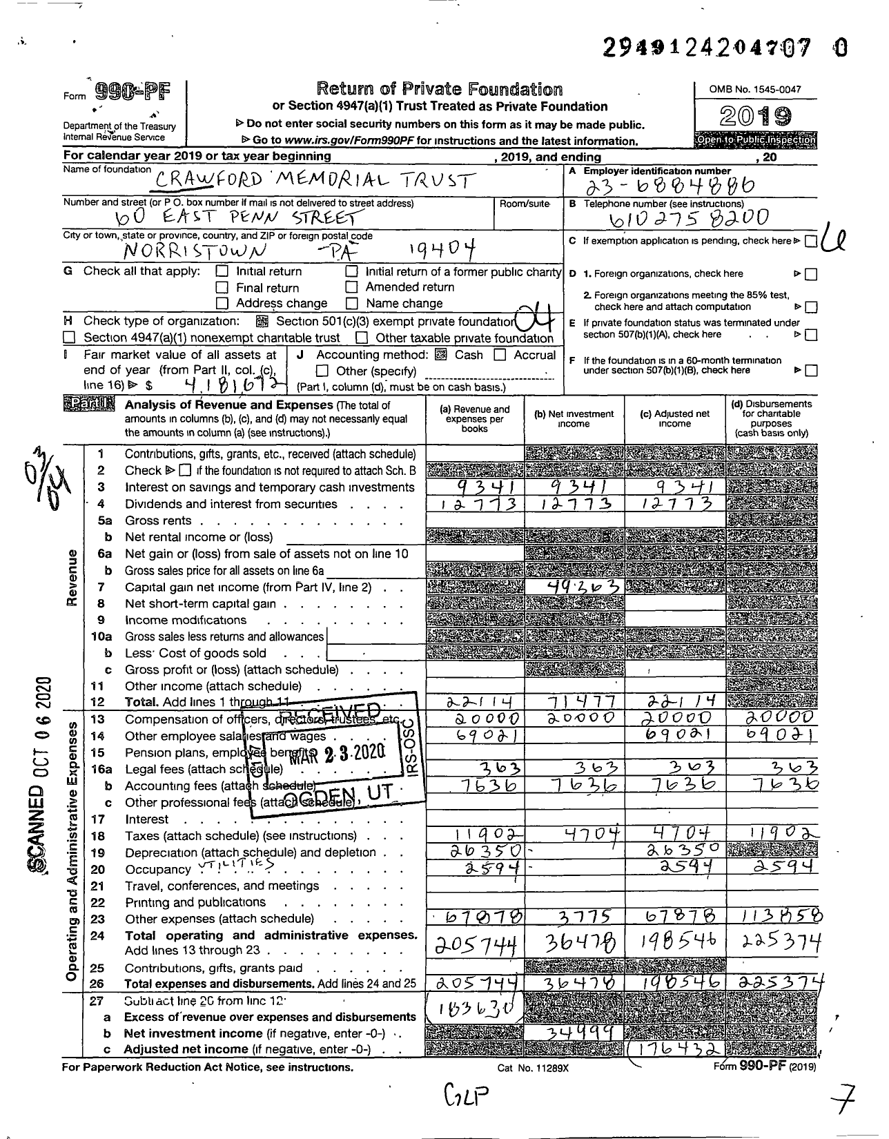 Image of first page of 2019 Form 990PR for Crawford Memorial Trust