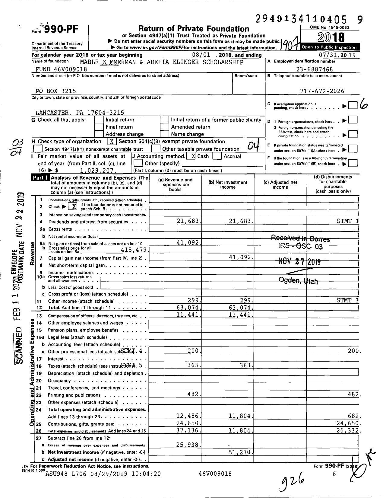 Image of first page of 2018 Form 990PF for Mable Zimmerman and Adelia Klinger Scholarship