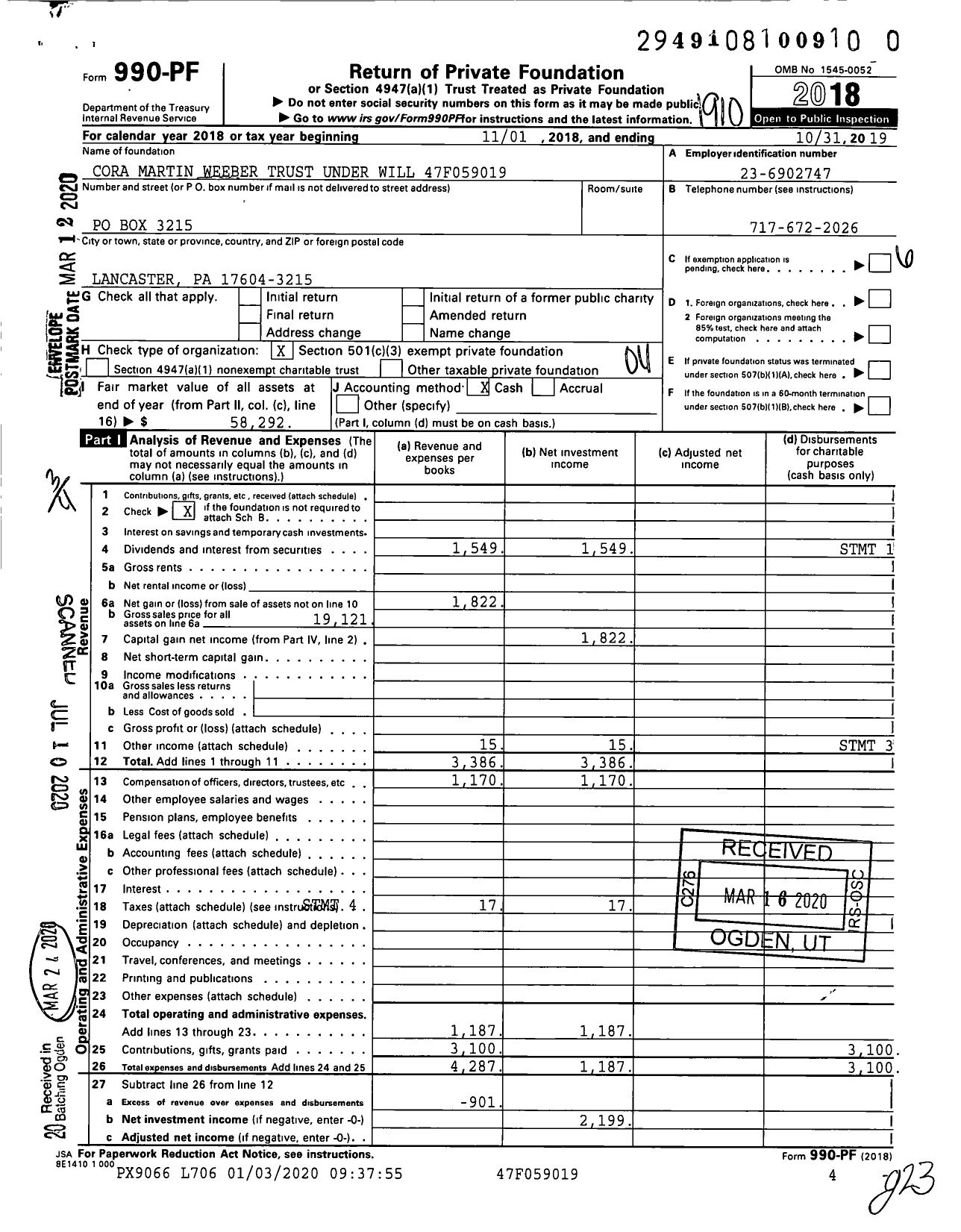 Image of first page of 2018 Form 990PR for Cora Martin Weeber Trust Under Will 47f059019