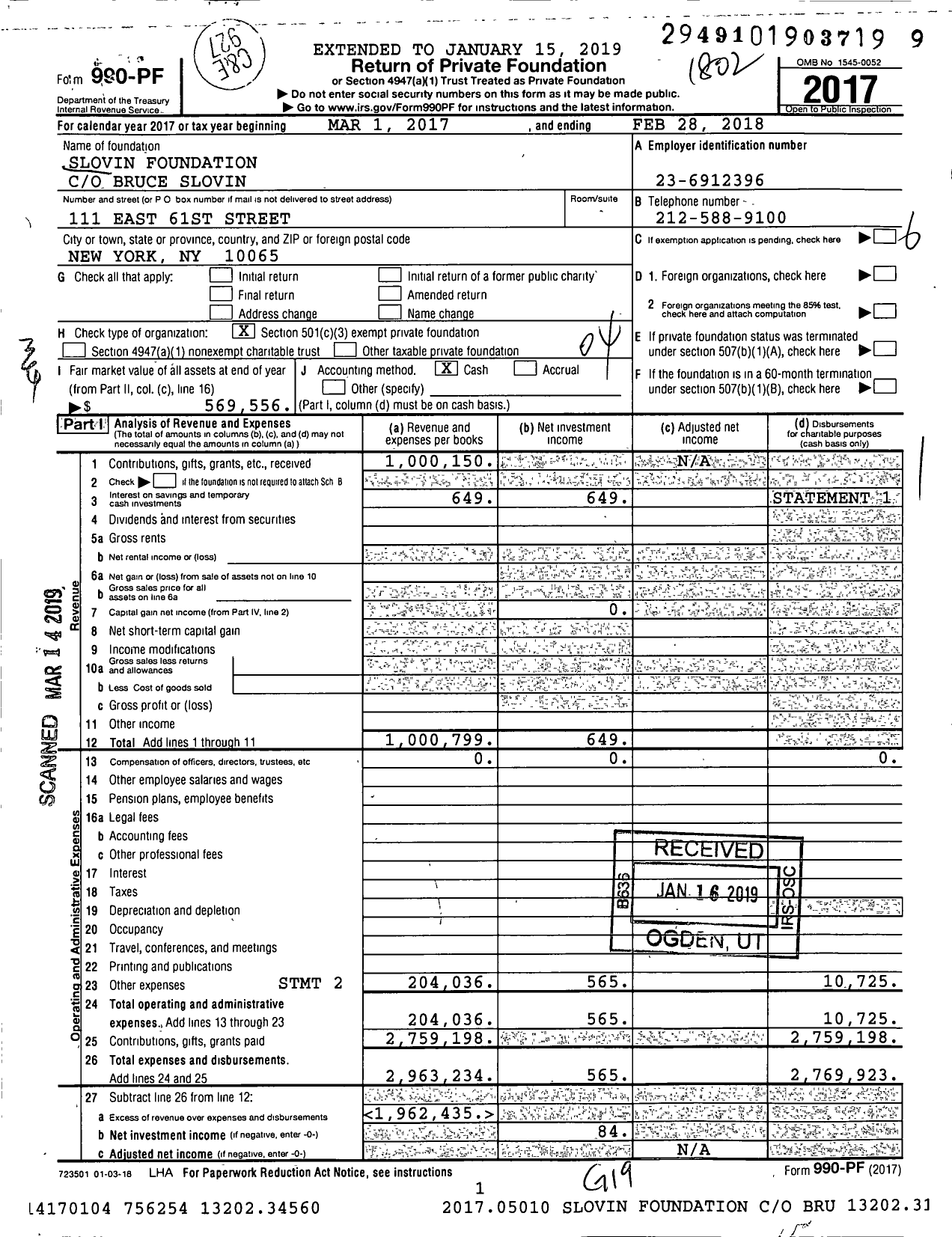 Image of first page of 2017 Form 990PF for The Slovin Foundation