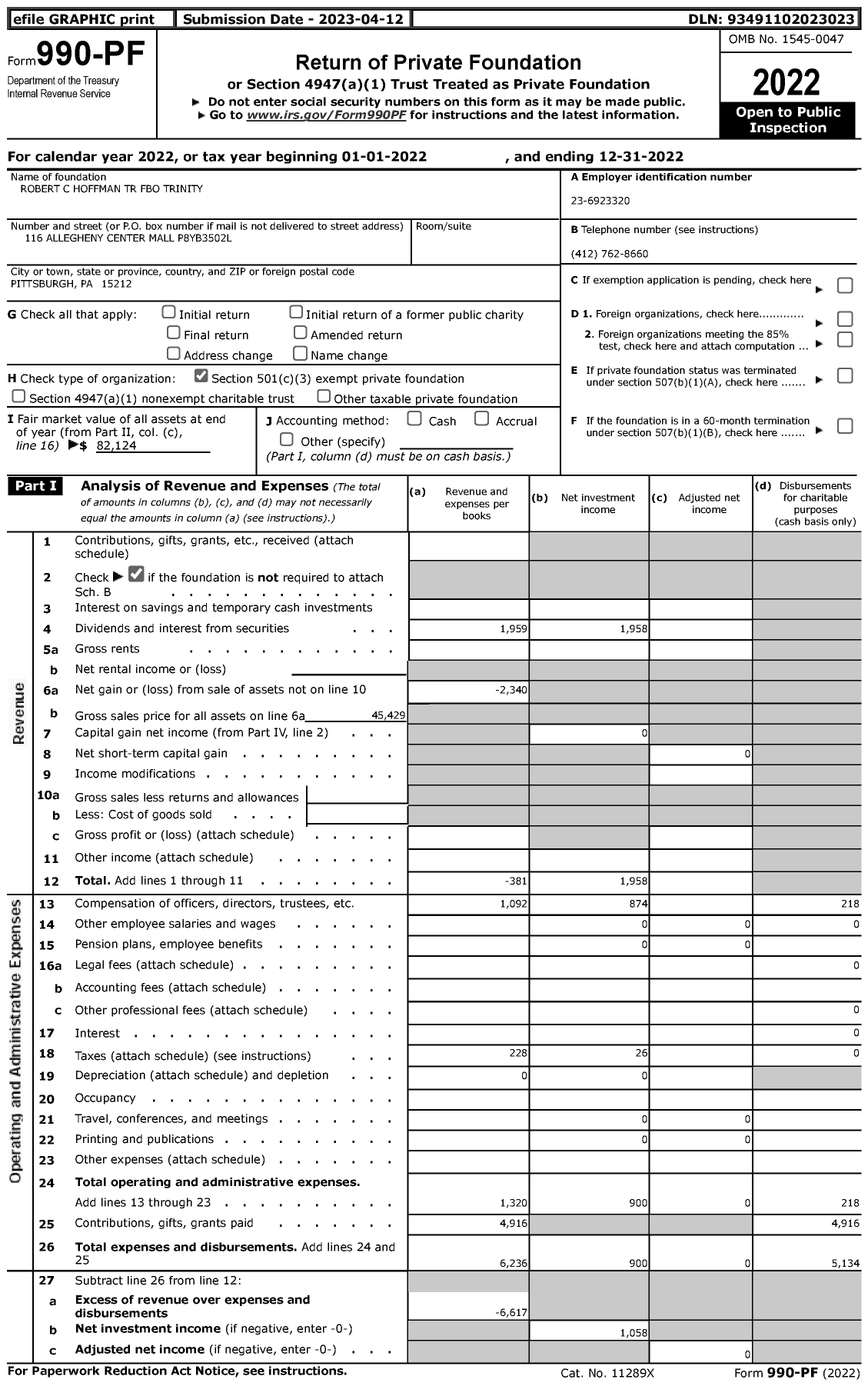 Image of first page of 2022 Form 990PF for Robert C Hoffman TR Fbo Trinity