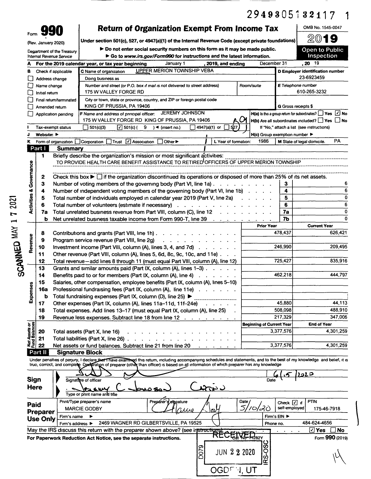 Image of first page of 2019 Form 990O for Upper Merion Township VEBA