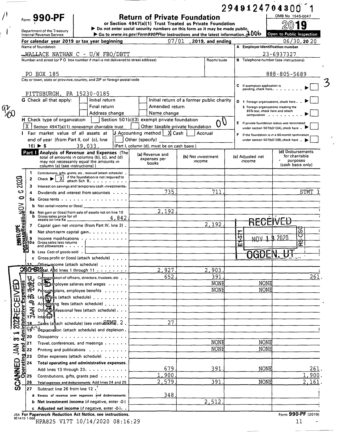 Image of first page of 2019 Form 990PF for Wallace Nathan C - Uw Fbodbtt