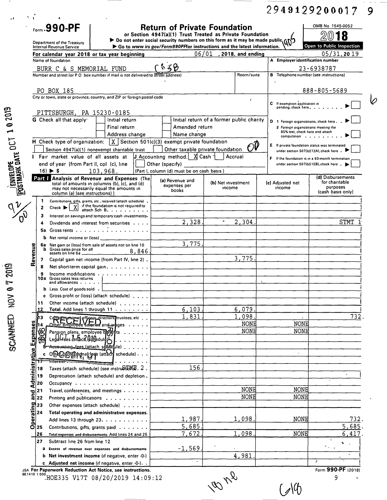 Image of first page of 2018 Form 990PF for Burr C and S Memorial Fund
