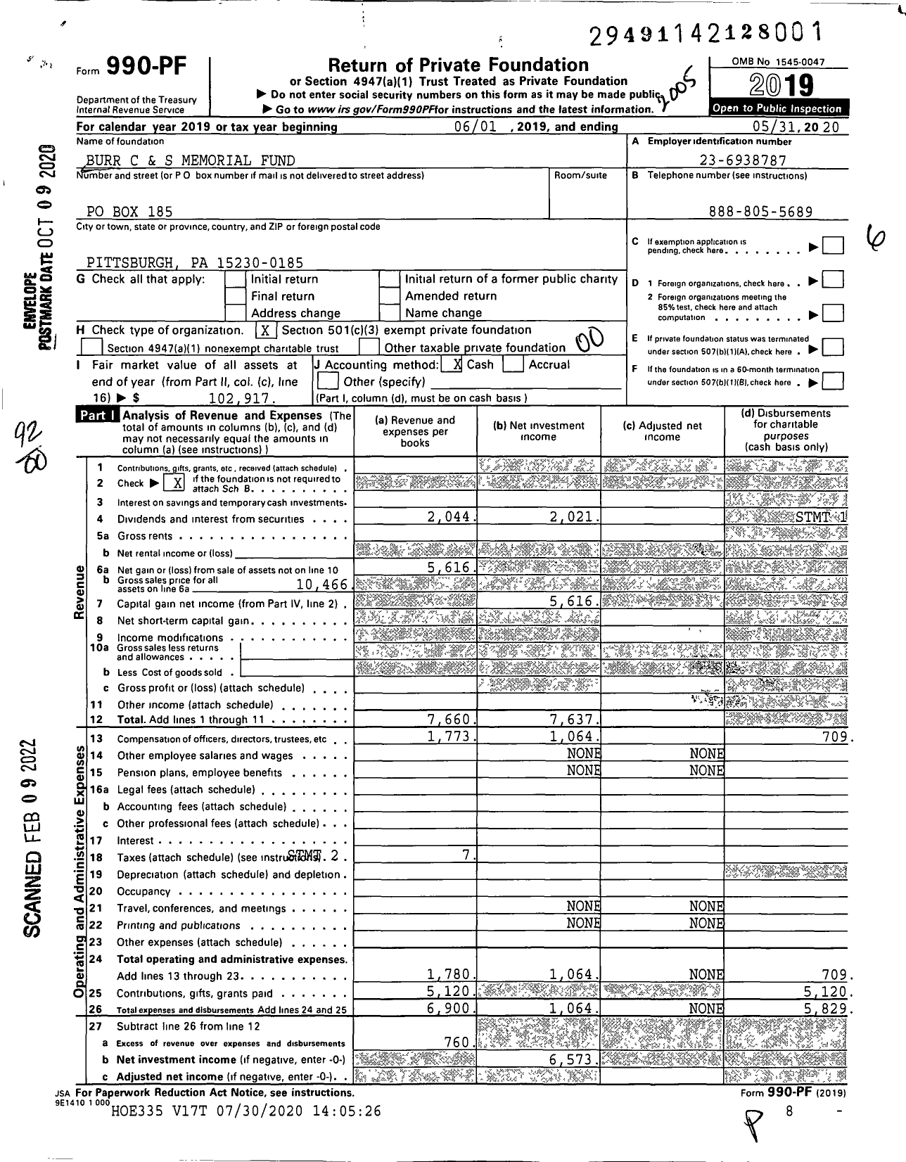 Image of first page of 2019 Form 990PF for Burr C and S Memorial Fund