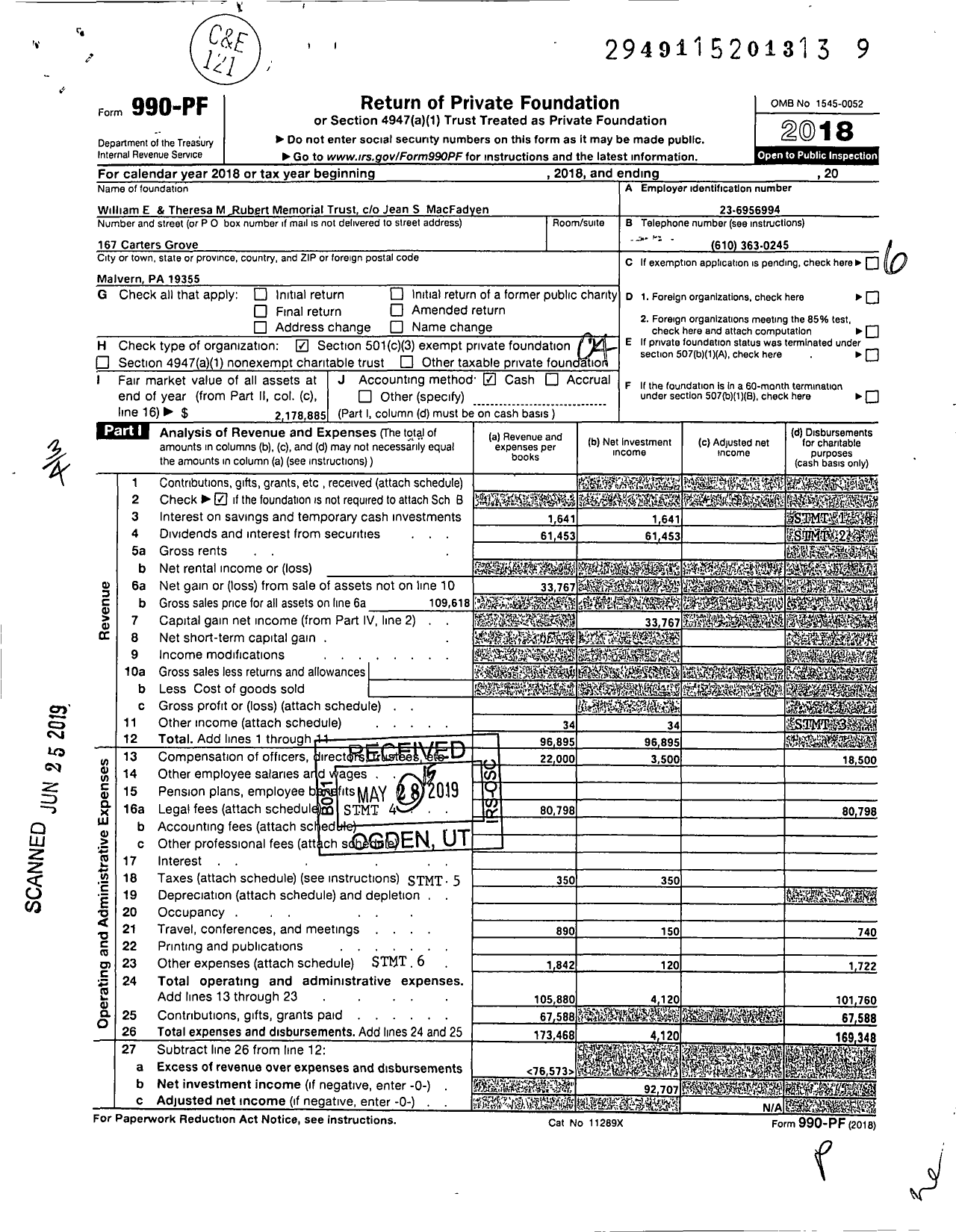 Image of first page of 2018 Form 990PF for William E and Theresa M Rubert Memorial Trust