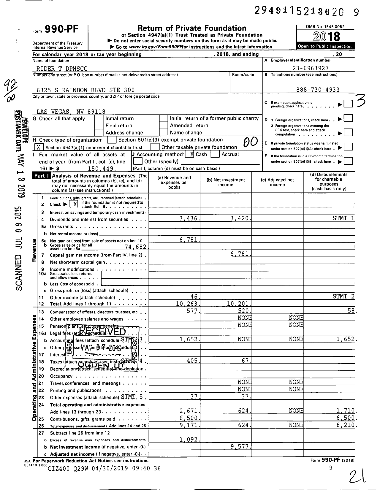 Image of first page of 2018 Form 990PF for Rider T DPHSCC