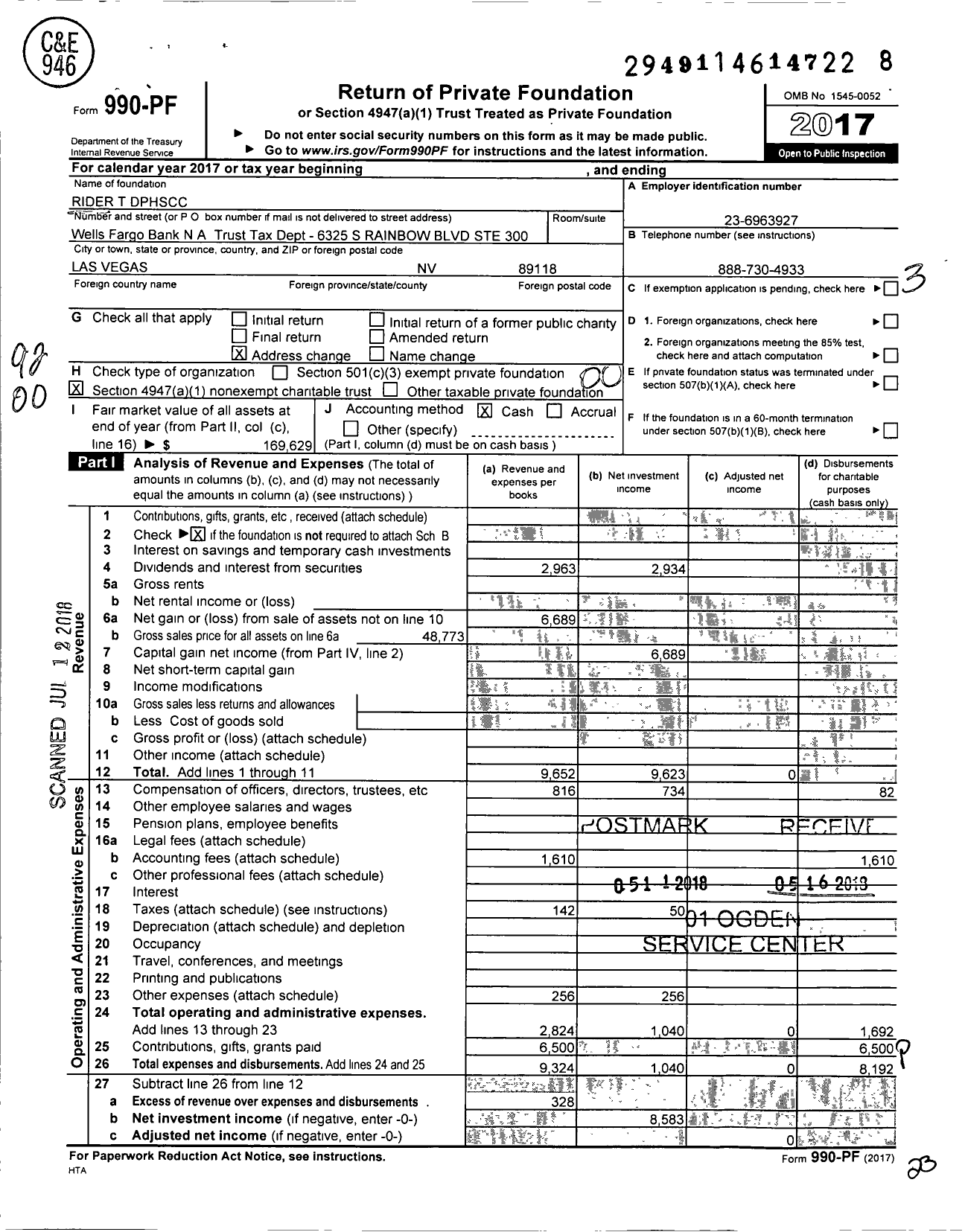 Image of first page of 2017 Form 990PF for Rider T DPHSCC