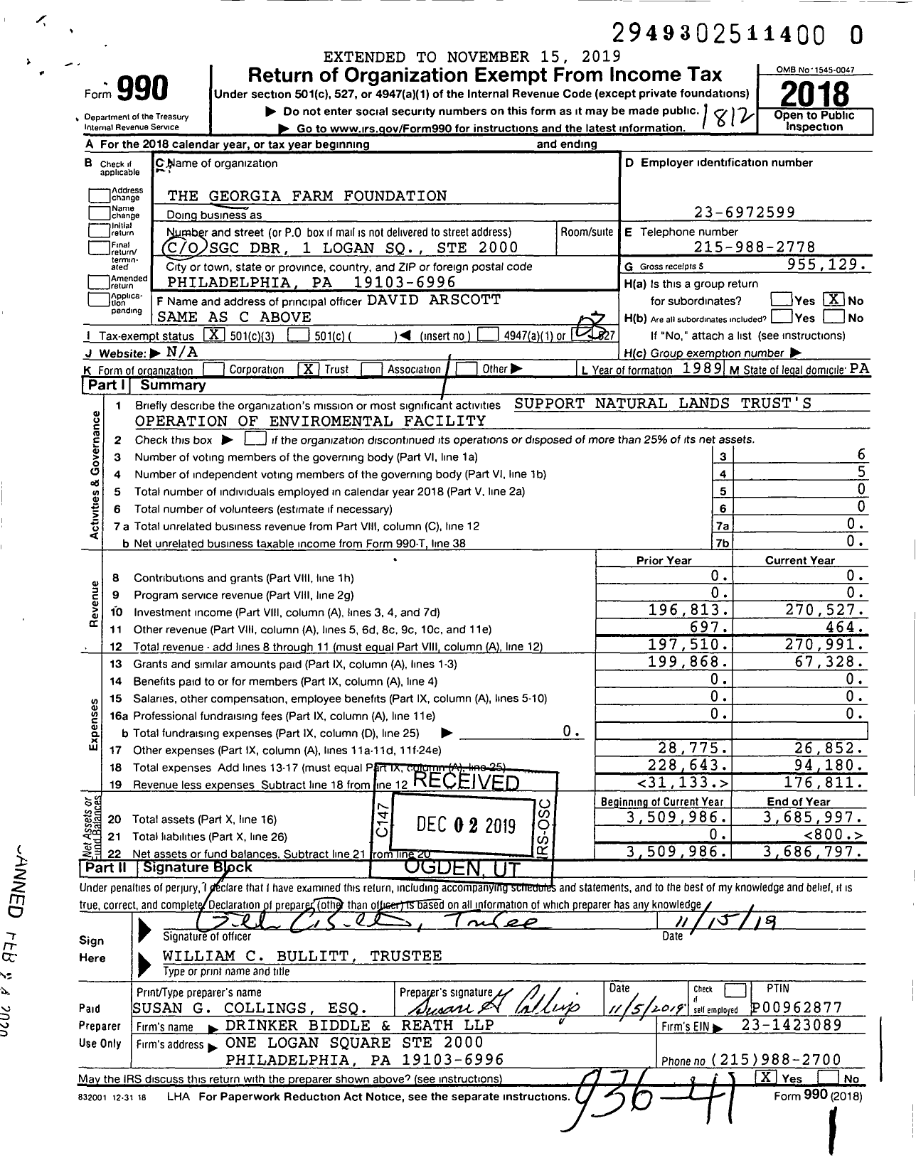 Image of first page of 2018 Form 990 for The Georgia Farm Foundation