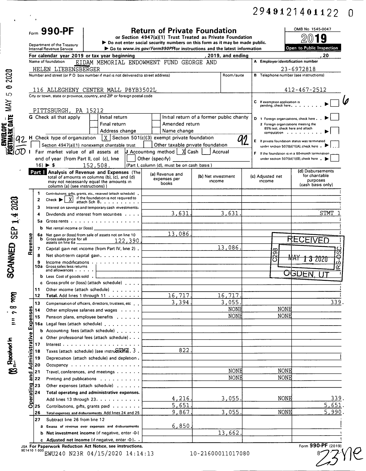 Image of first page of 2019 Form 990PR for George and Helen Liebensberger