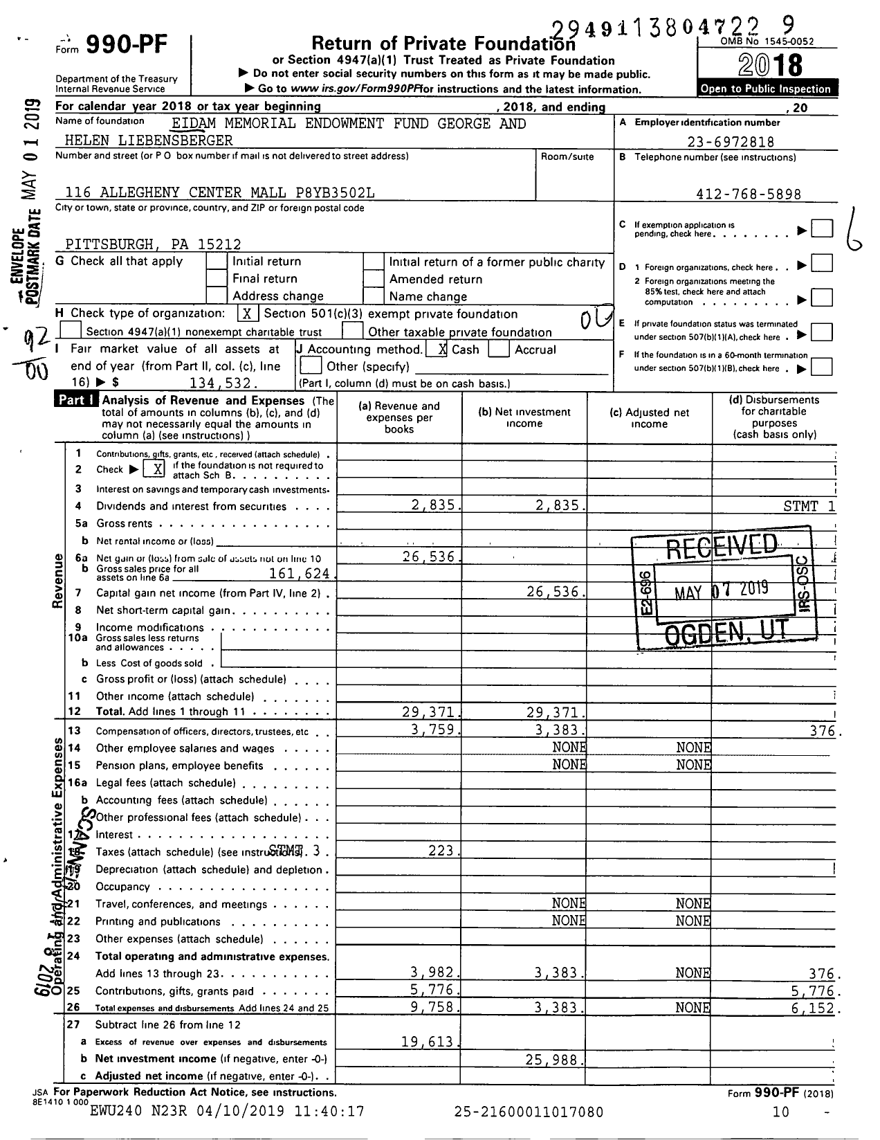 Image of first page of 2018 Form 990PF for George and Helen Liebensberger