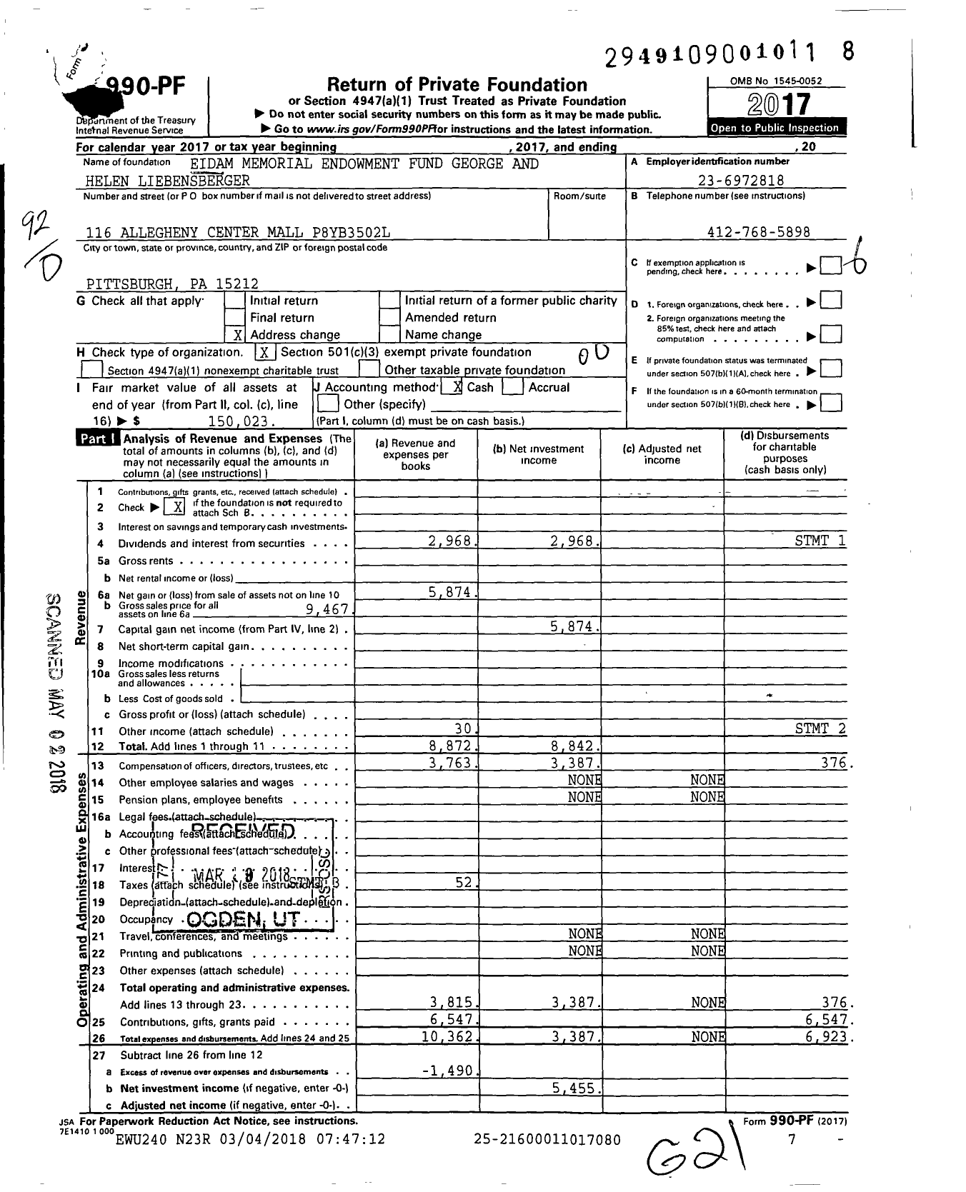 Image of first page of 2017 Form 990PF for George and Helen Liebensberger