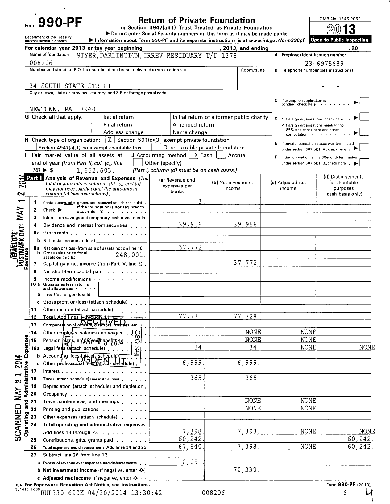 Image of first page of 2013 Form 990PF for Styerdarlingtonirrev Residuary TD 1378