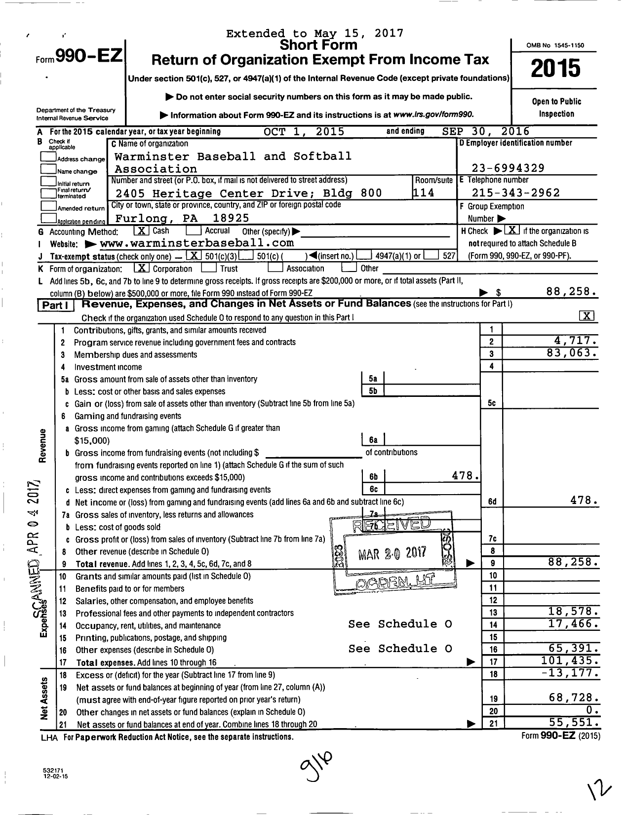 Image of first page of 2015 Form 990EZ for Warminster Baseball and Softball Association