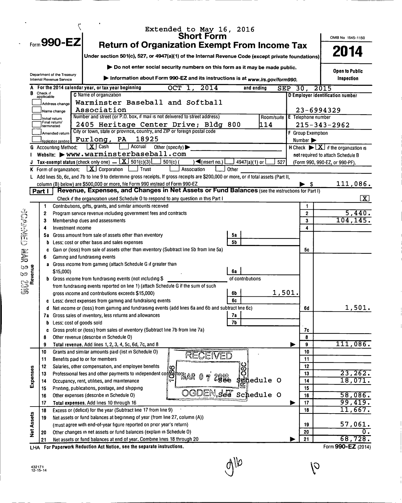 Image of first page of 2014 Form 990EZ for Warminster Baseball and Softball Association