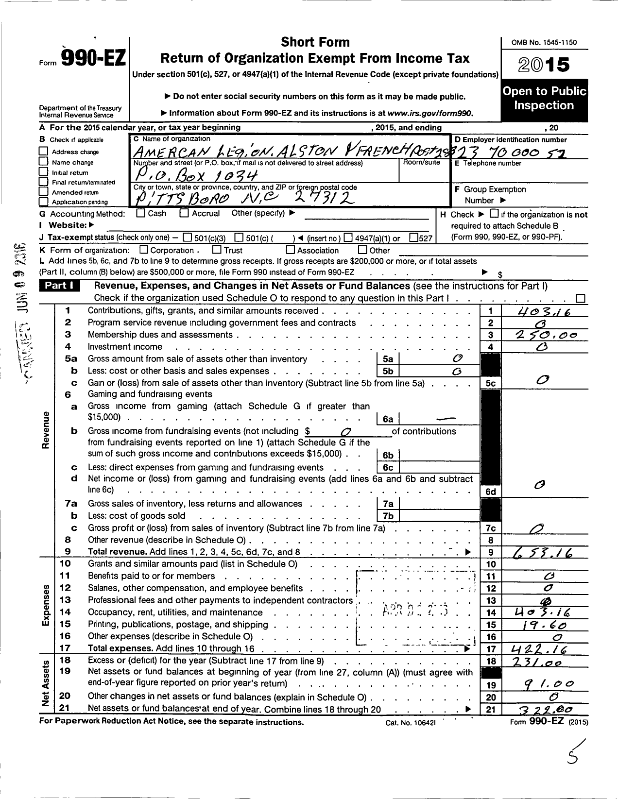 Image of first page of 2015 Form 990EO for American Legion Post 283