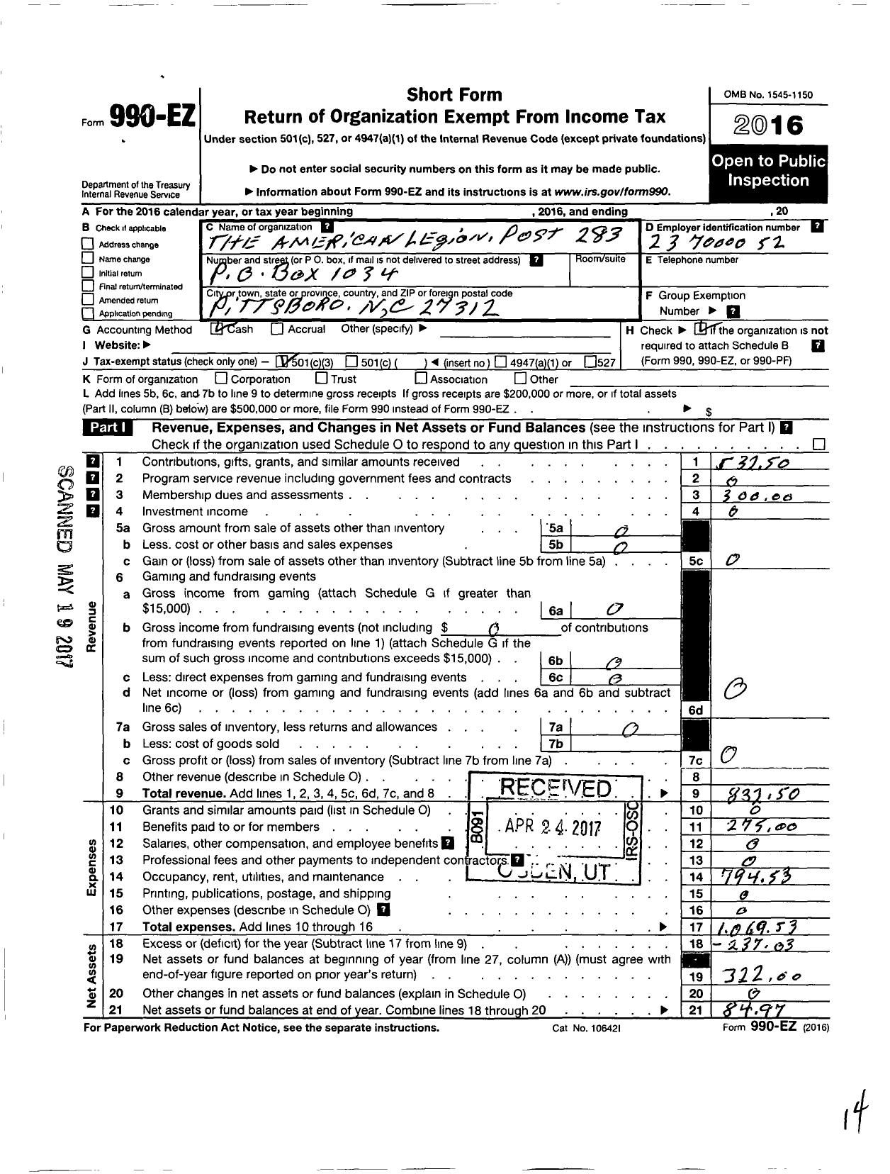 Image of first page of 2016 Form 990EZ for American Legion Post 283